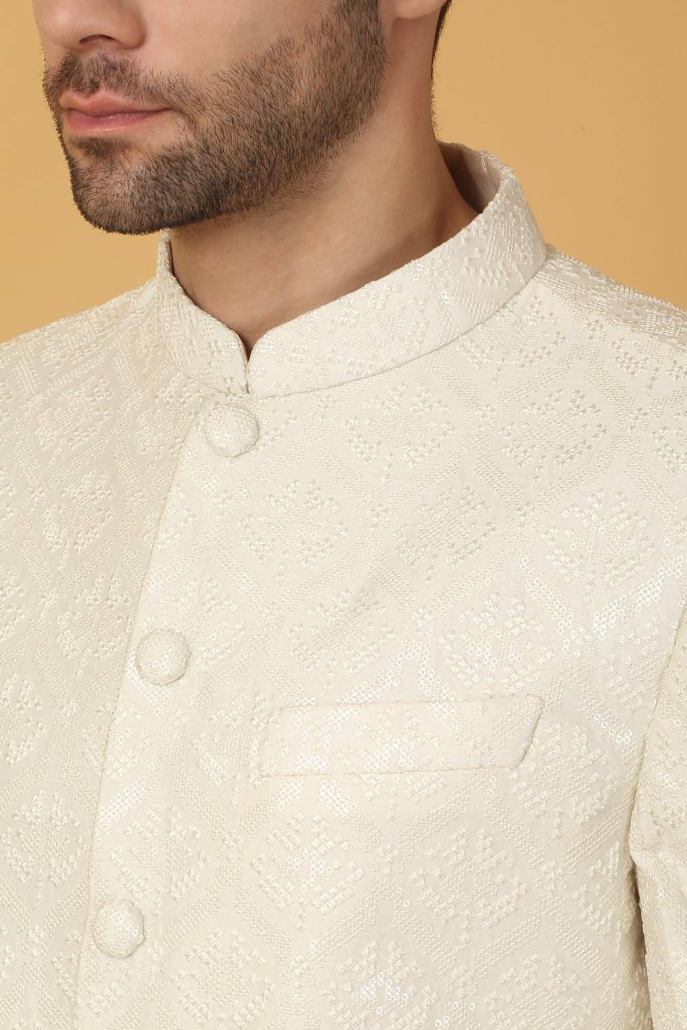 Shwet Banaras Embroidered Sherwani Set - Ivory White