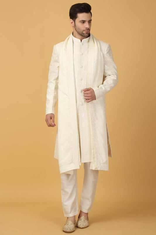 Shwet Banaras Embroidered Sherwani Set - Ivory White