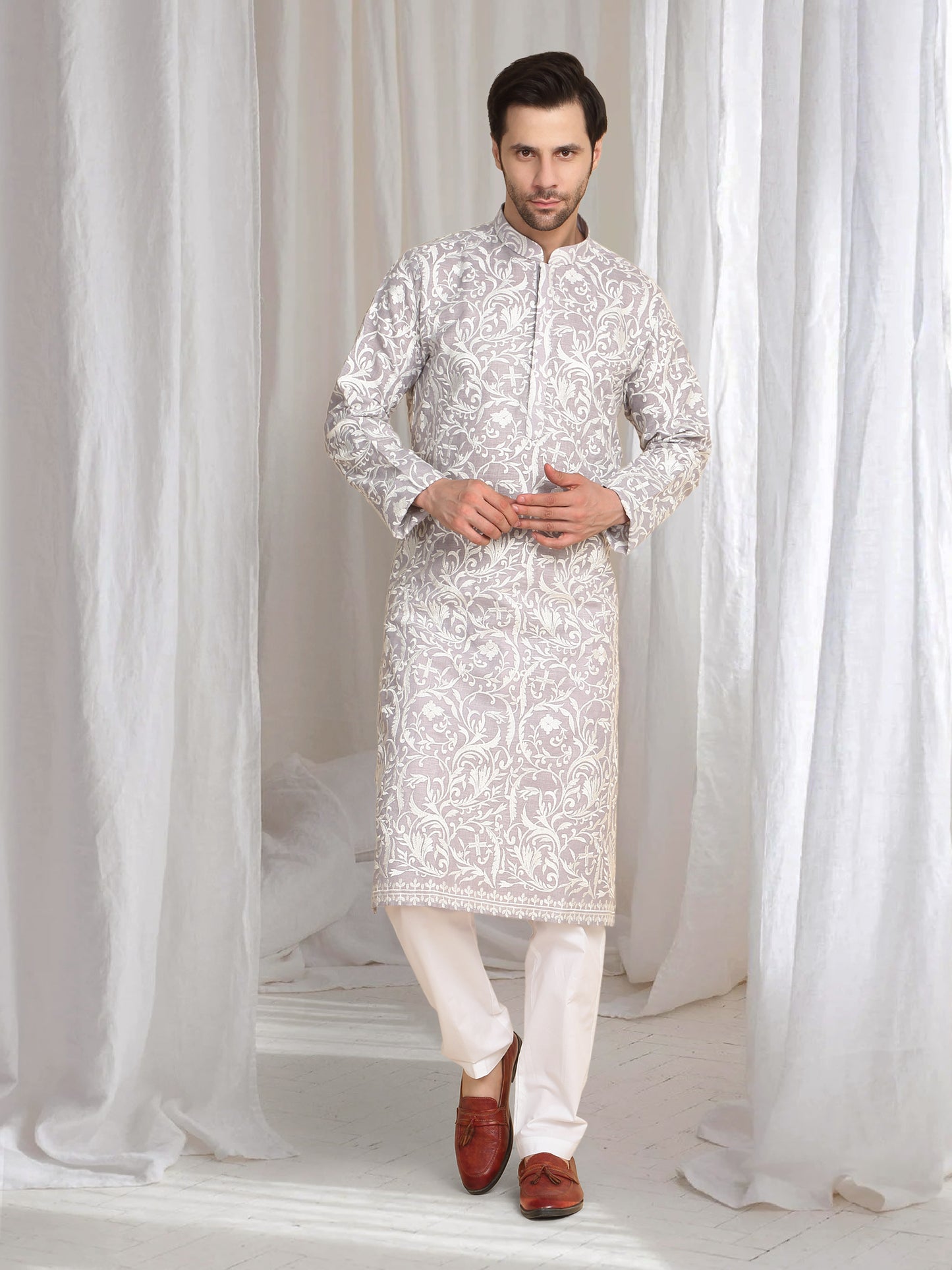 Aham Flora Thread Embroidered Kurta Set - Pastel Purple