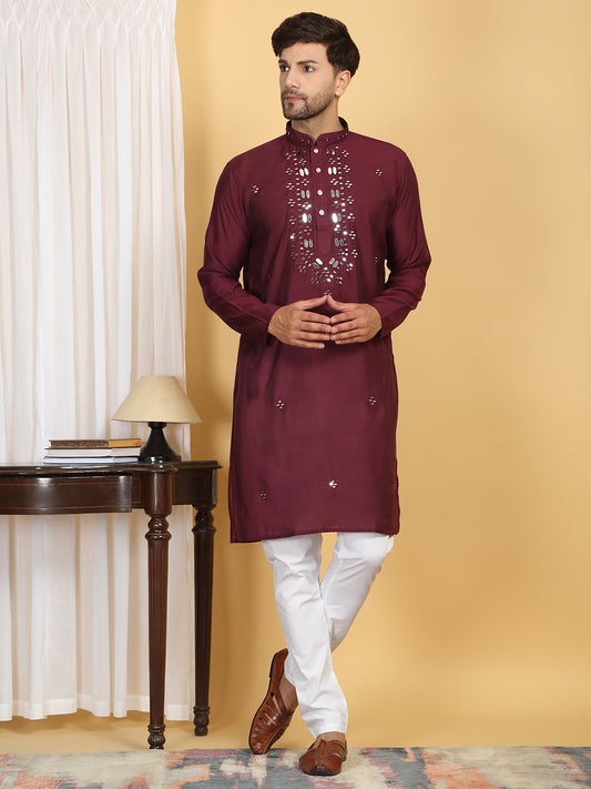 Rajat Mirror Embroidery Work Kurta And Pant Set - Maroon Wine
