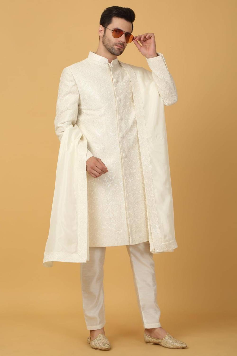 Shwet Banaras Embroidered Sherwani Set - Ivory White