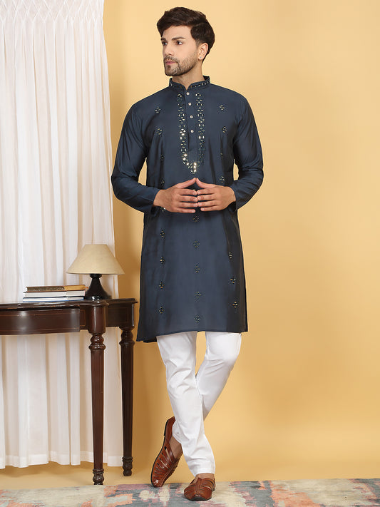 Swarna Mirror Work Kurta And Pant Set - Ink Blue