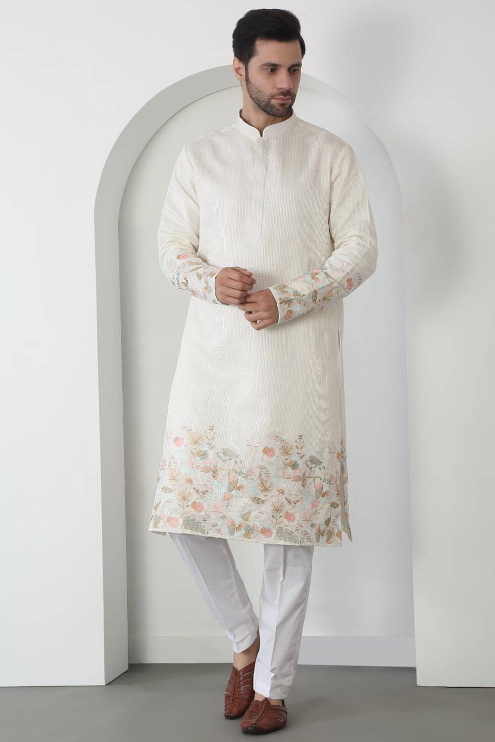 Shwet Off White Cotton Embroidered Sequin Floral Thread Kurta Set