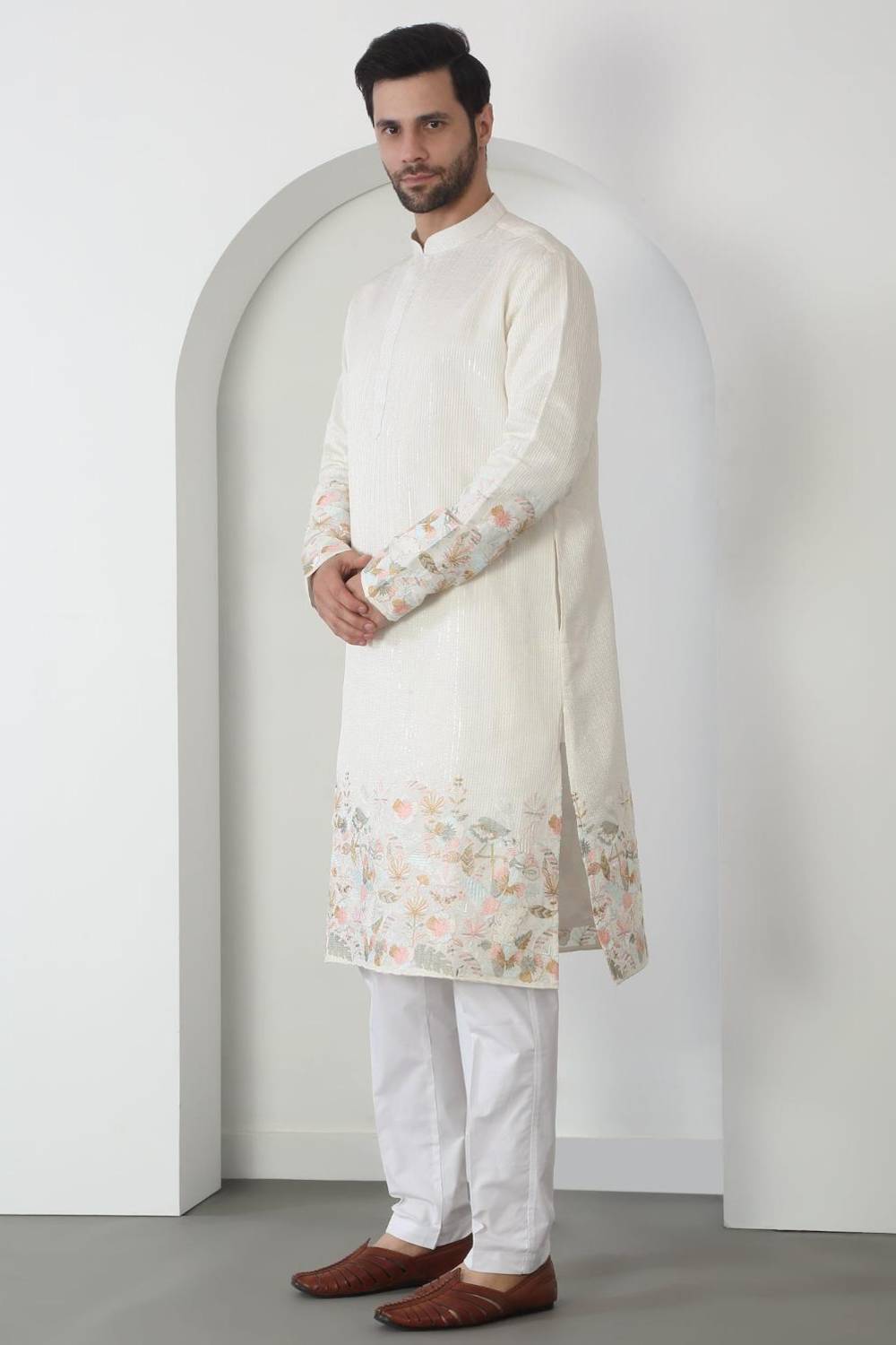 Shwet Off White Cotton Embroidered Sequin Floral Thread Kurta Set