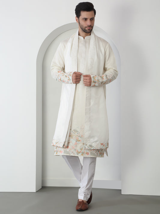 Shwet Off White Cotton Embroidered Sequin Floral Thread Kurta Set