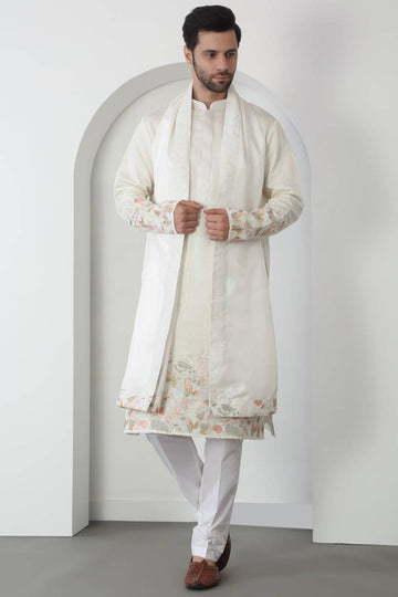 Shwet Off White Cotton Embroidered Sequin Floral Thread Kurta Set