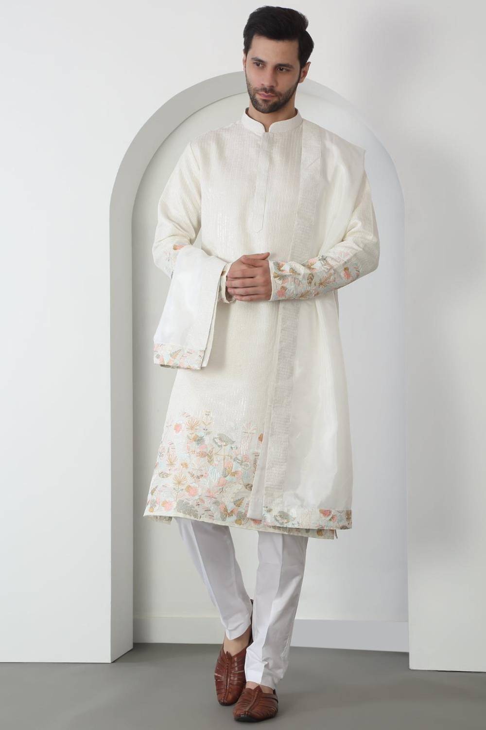 Shwet Off White Cotton Embroidered Sequin Floral Thread Kurta Set