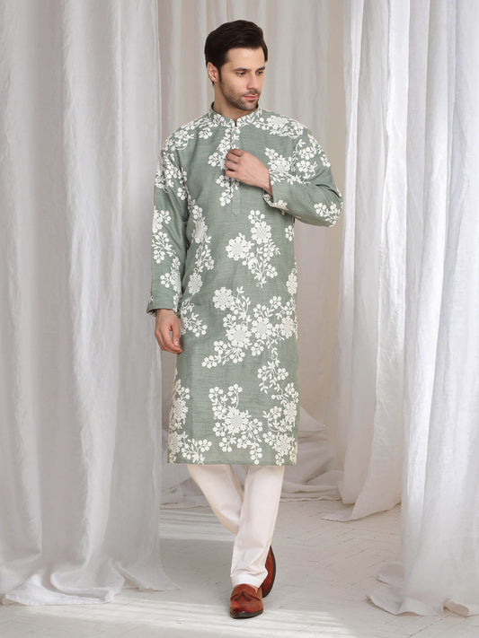 Aham Gulistaan Embroidery Thread Kurta Set - Pastel Olive