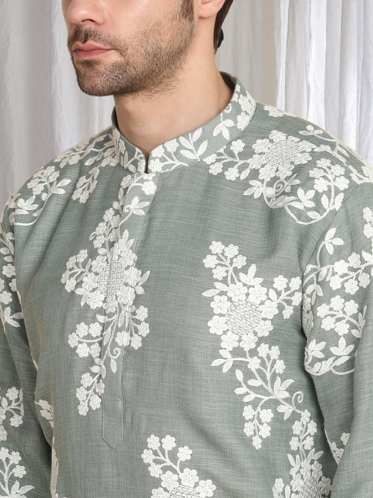 Aham Gulistaan Embroidery Thread Kurta Set - Pastel Olive
