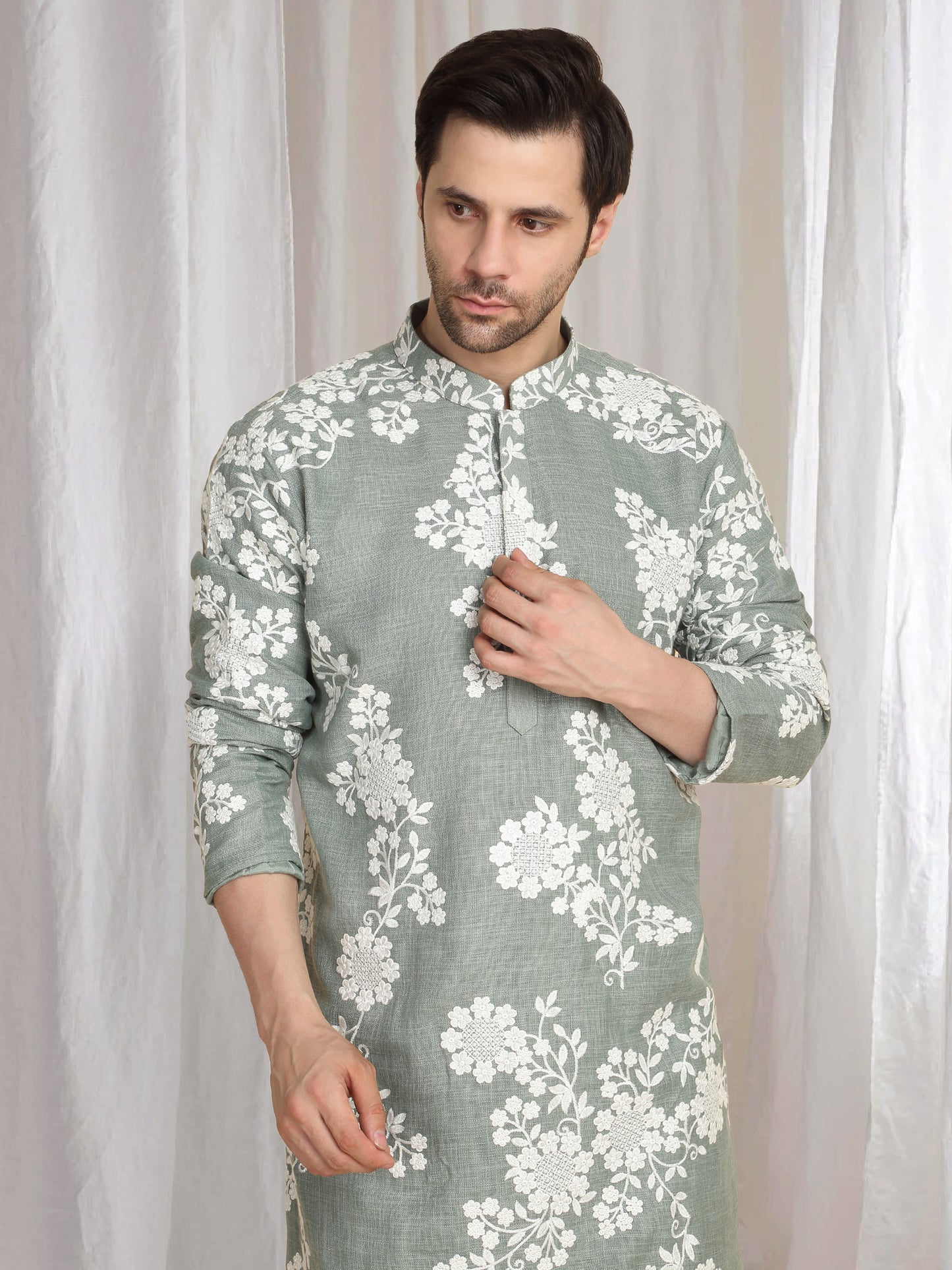 Aham Gulistaan Embroidery Thread Kurta Set - Pastel Olive