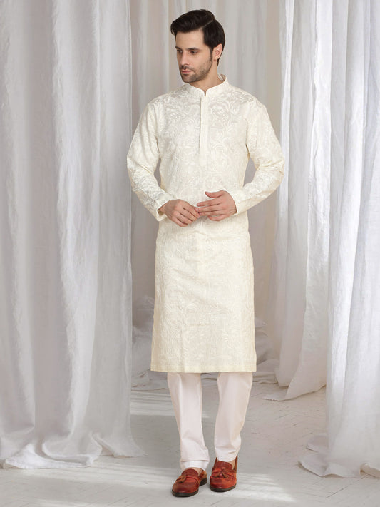 Aham Flora Thread Embroidered Kurta Set - Off White