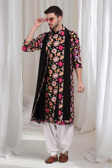 Pushpvilaas Embroidered Flower Kurta Patiala Set- Black