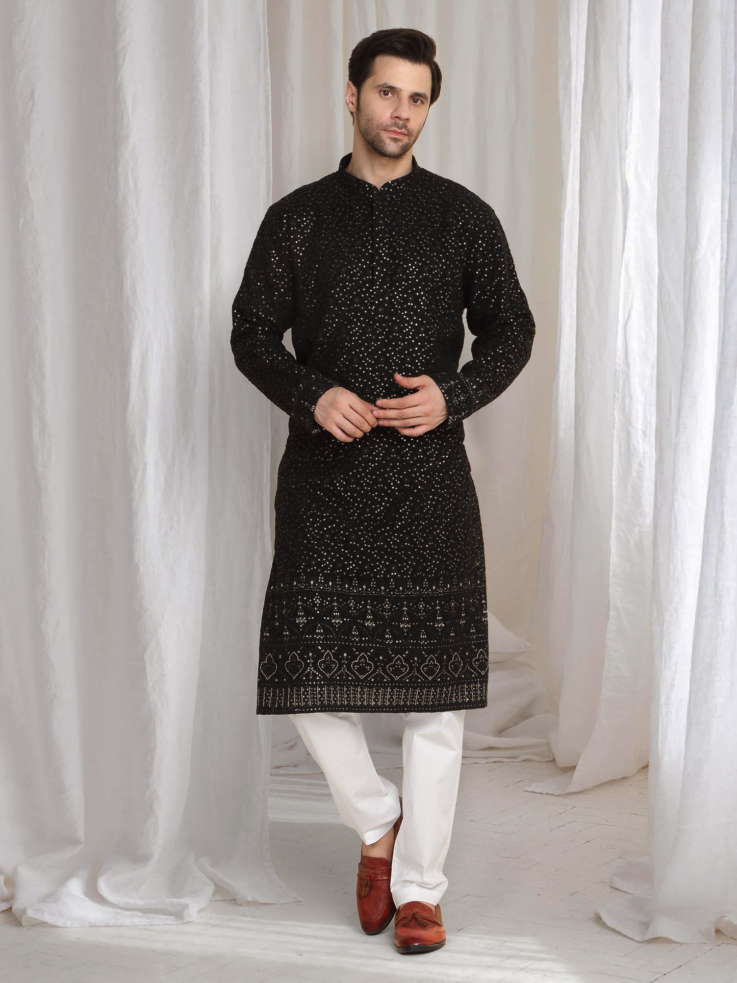 Mehfil Cotton Embroidery Thread Kurta Set - Black