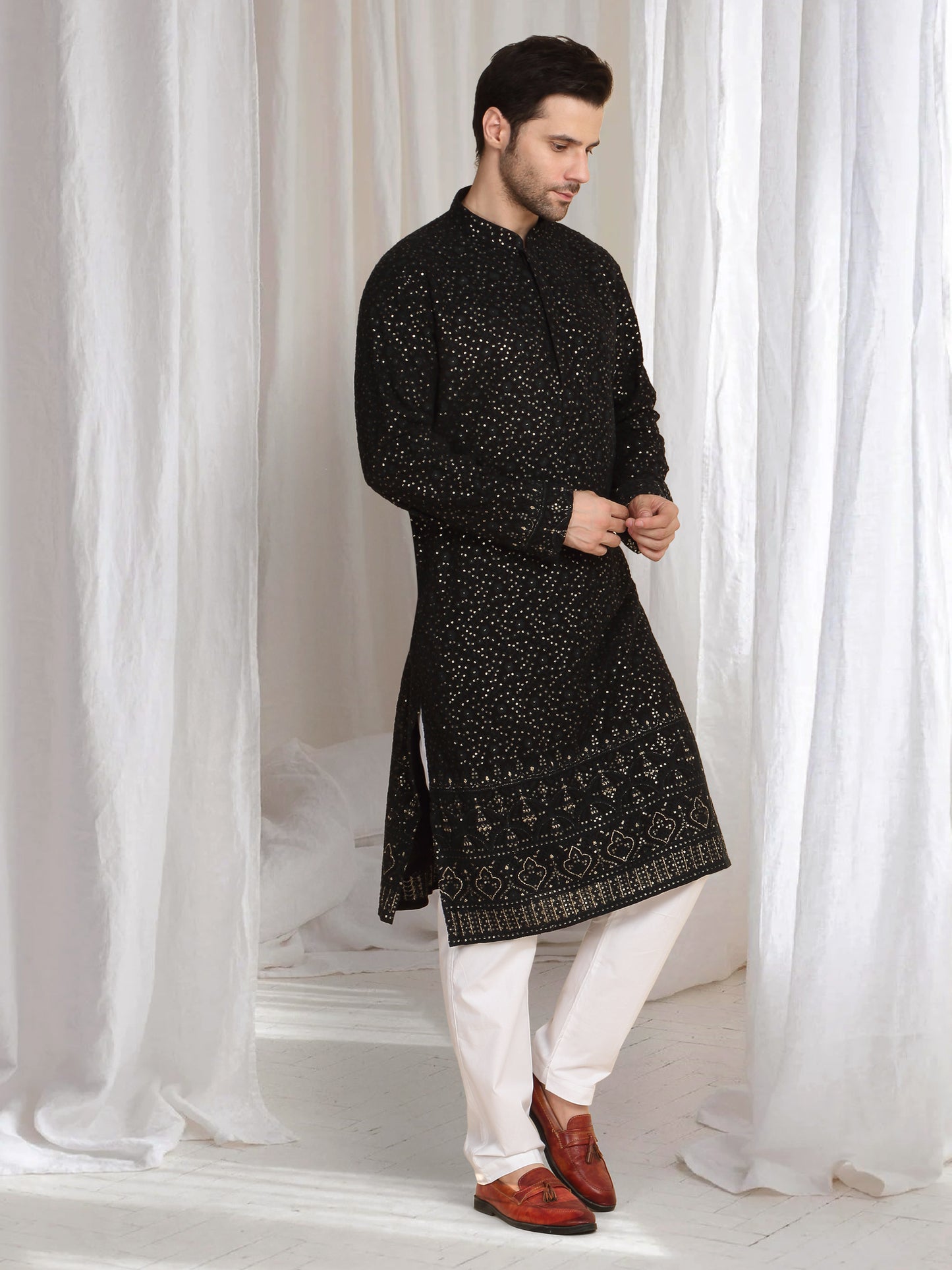 Mehfil Cotton Embroidery Thread Kurta Set - Black