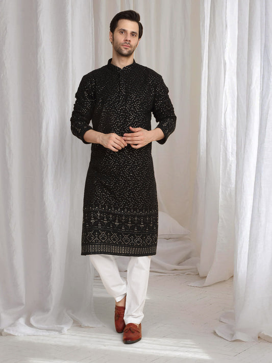 Mehfil Cotton Embroidery Thread Kurta Set - Black