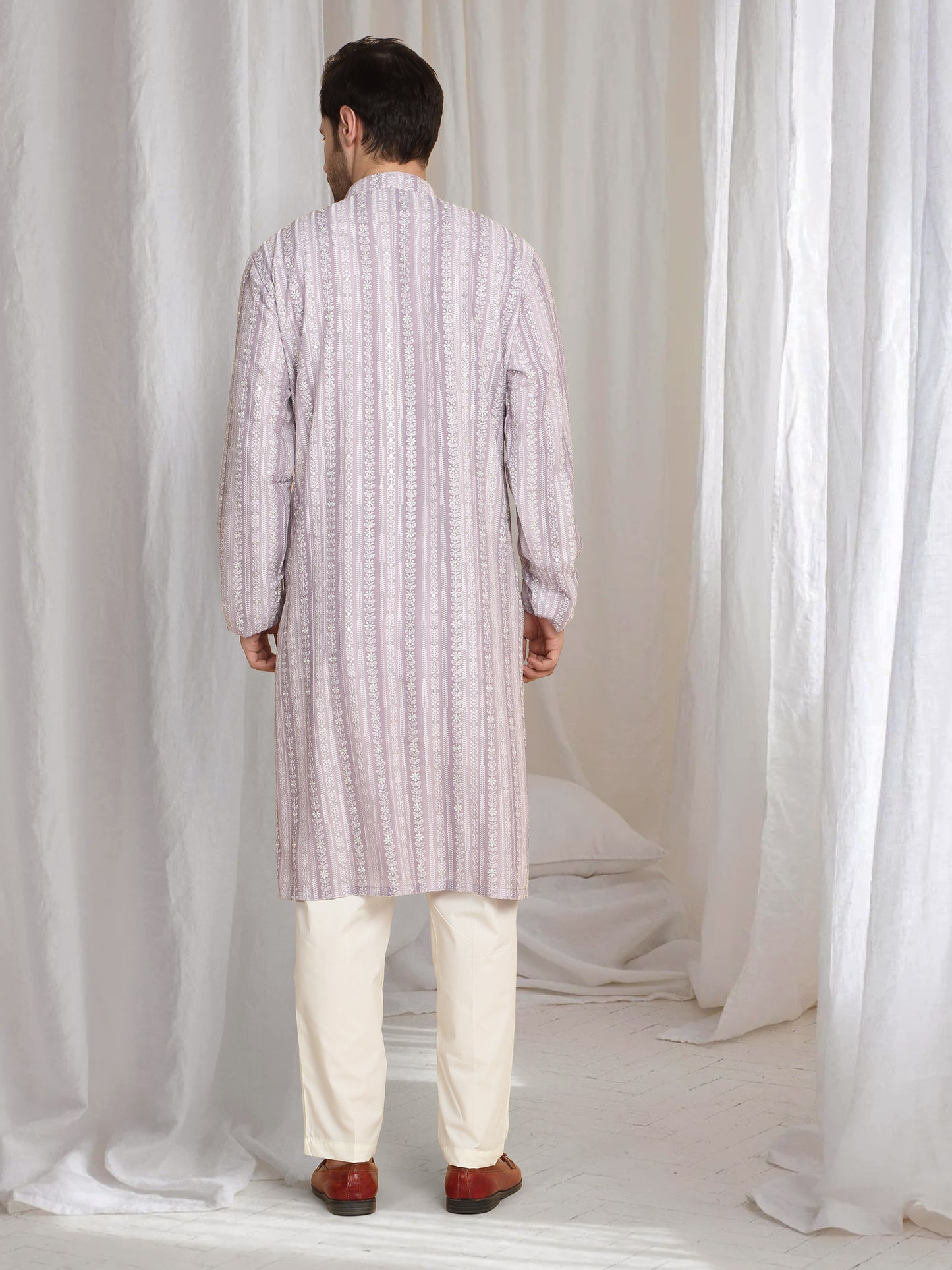 Prafull Cotton Embroidery Pastel Kurta Set - Pastel Purple