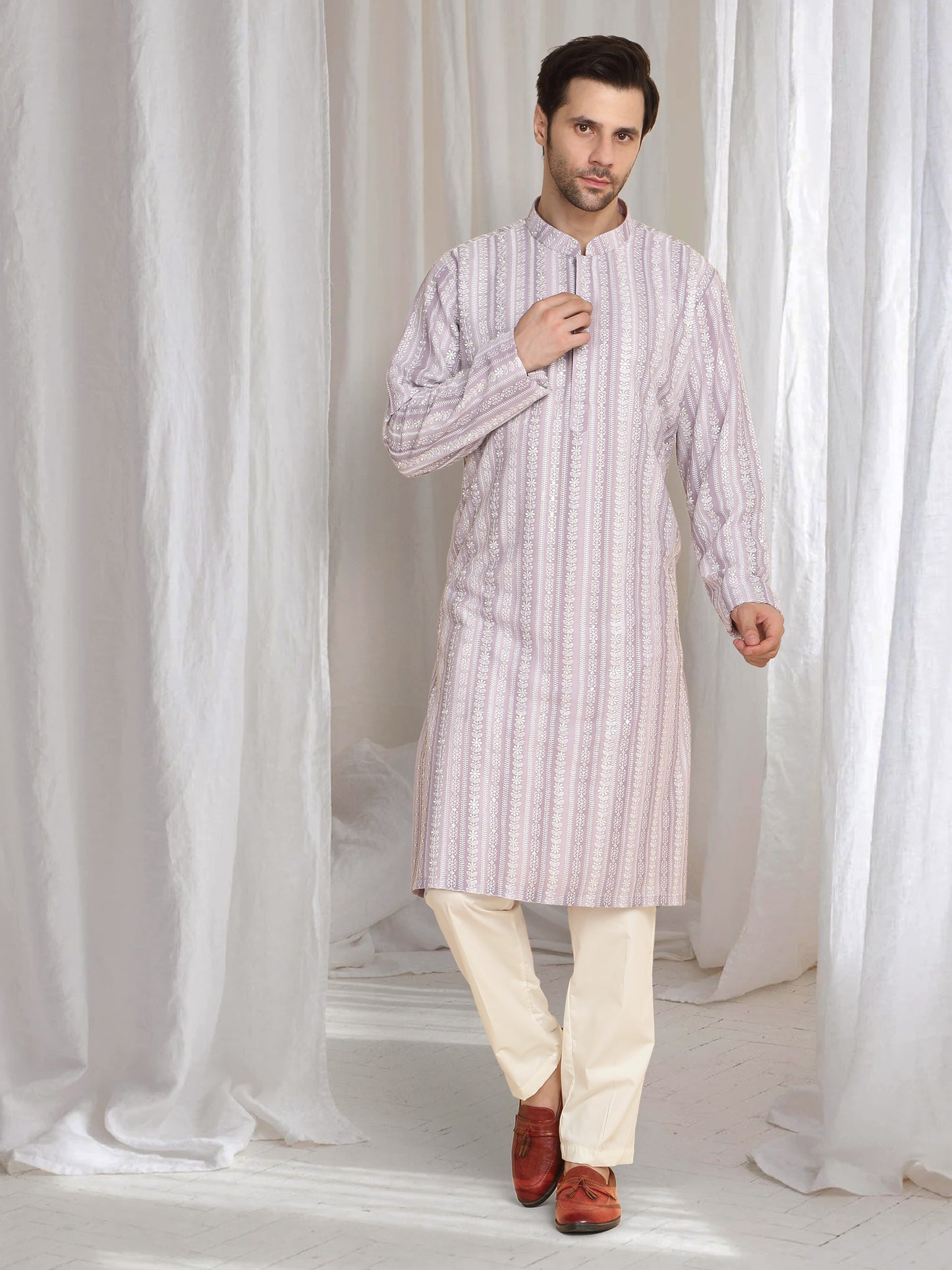 Prafull Cotton Embroidery Pastel Kurta Set - Pastel Purple