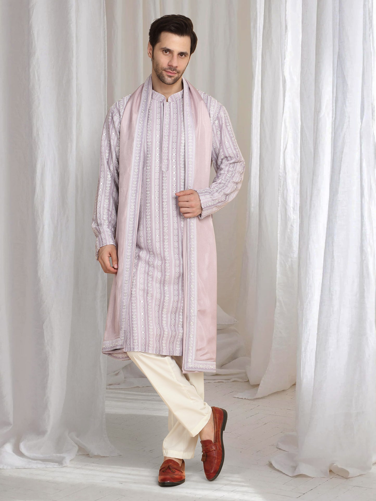 Prafull Cotton Embroidery Pastel Kurta Set - Pastel Purple