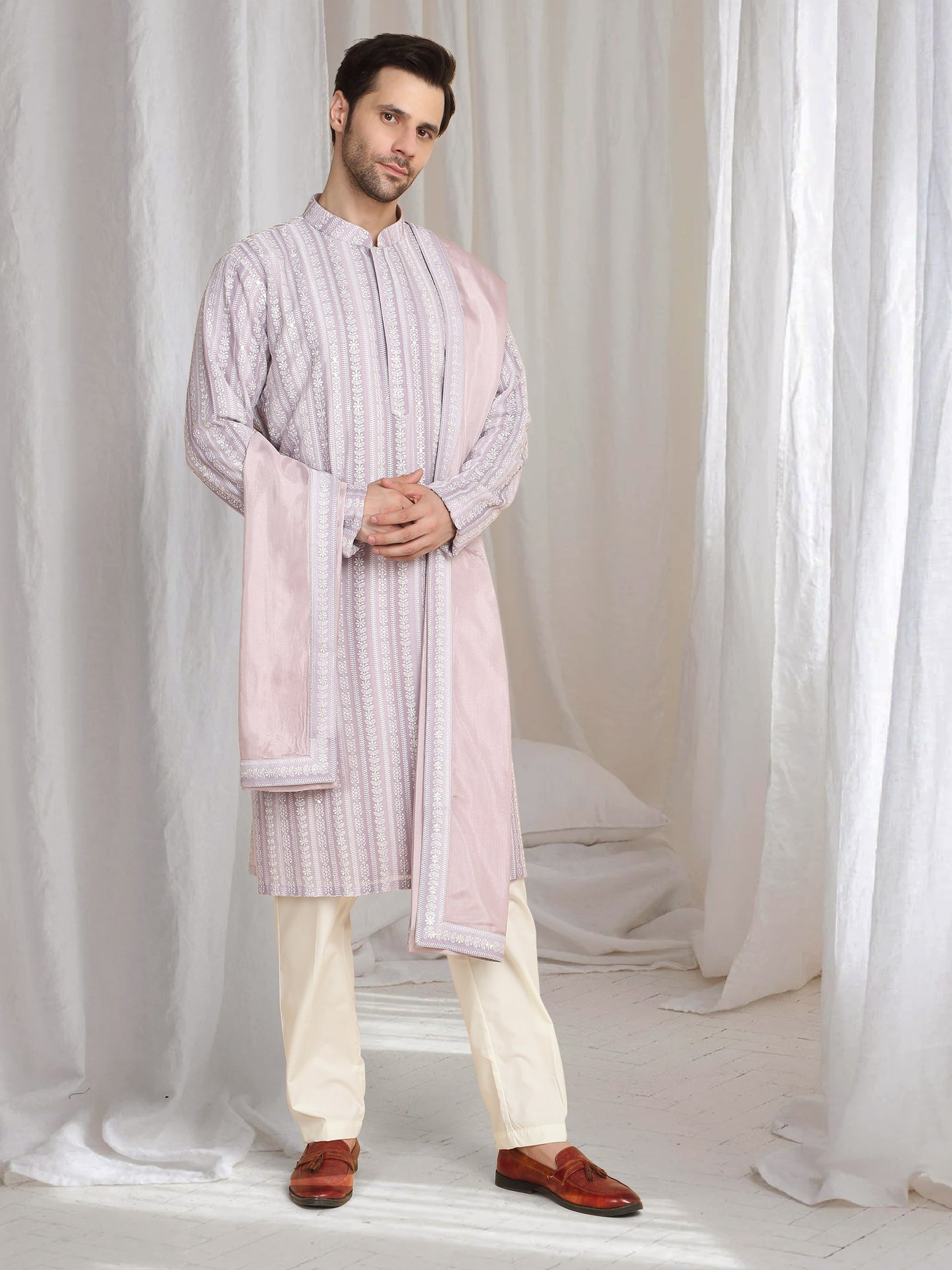Prafull Cotton Embroidery Pastel Kurta Set - Pastel Purple