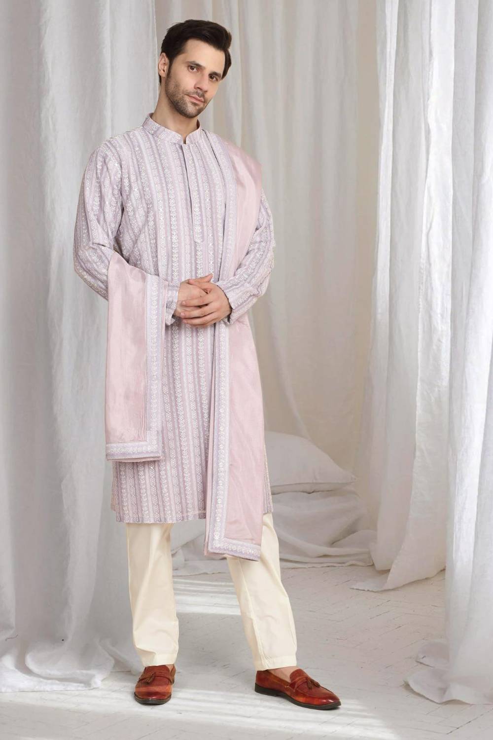 Prafull Cotton Embroidery Pastel Kurta Set - Pastel Purple