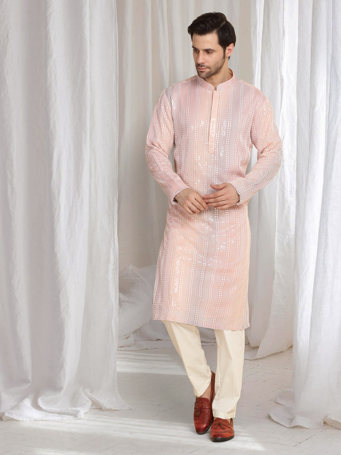 Ambar Ombre Embroidered Kurta Dupatta Set - Pastel Coral