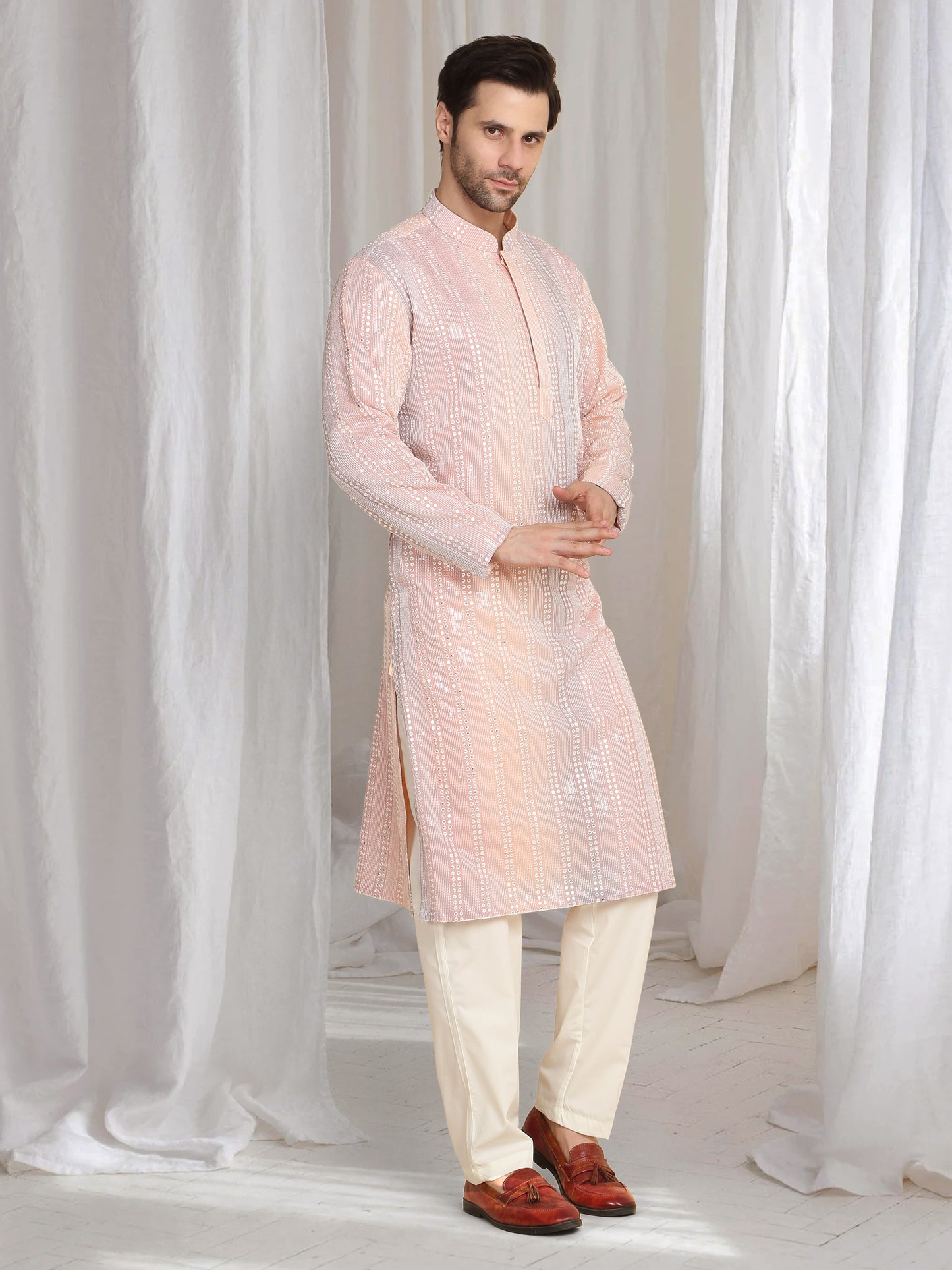 Ambar Ombre Embroidered Kurta Dupatta Set - Pastel Coral