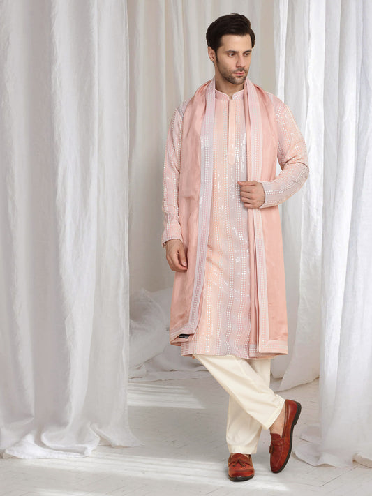 Ambar Ombre Embroidered Kurta Dupatta Set - Pastel Coral
