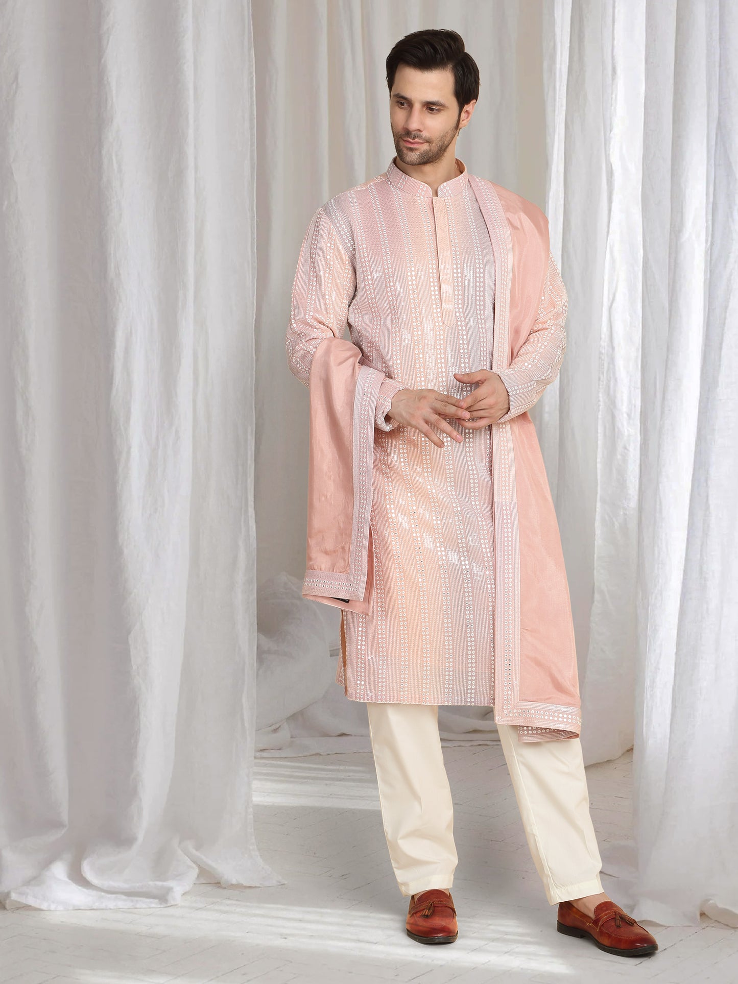Ambar Ombre Embroidered Kurta Dupatta Set - Pastel Coral