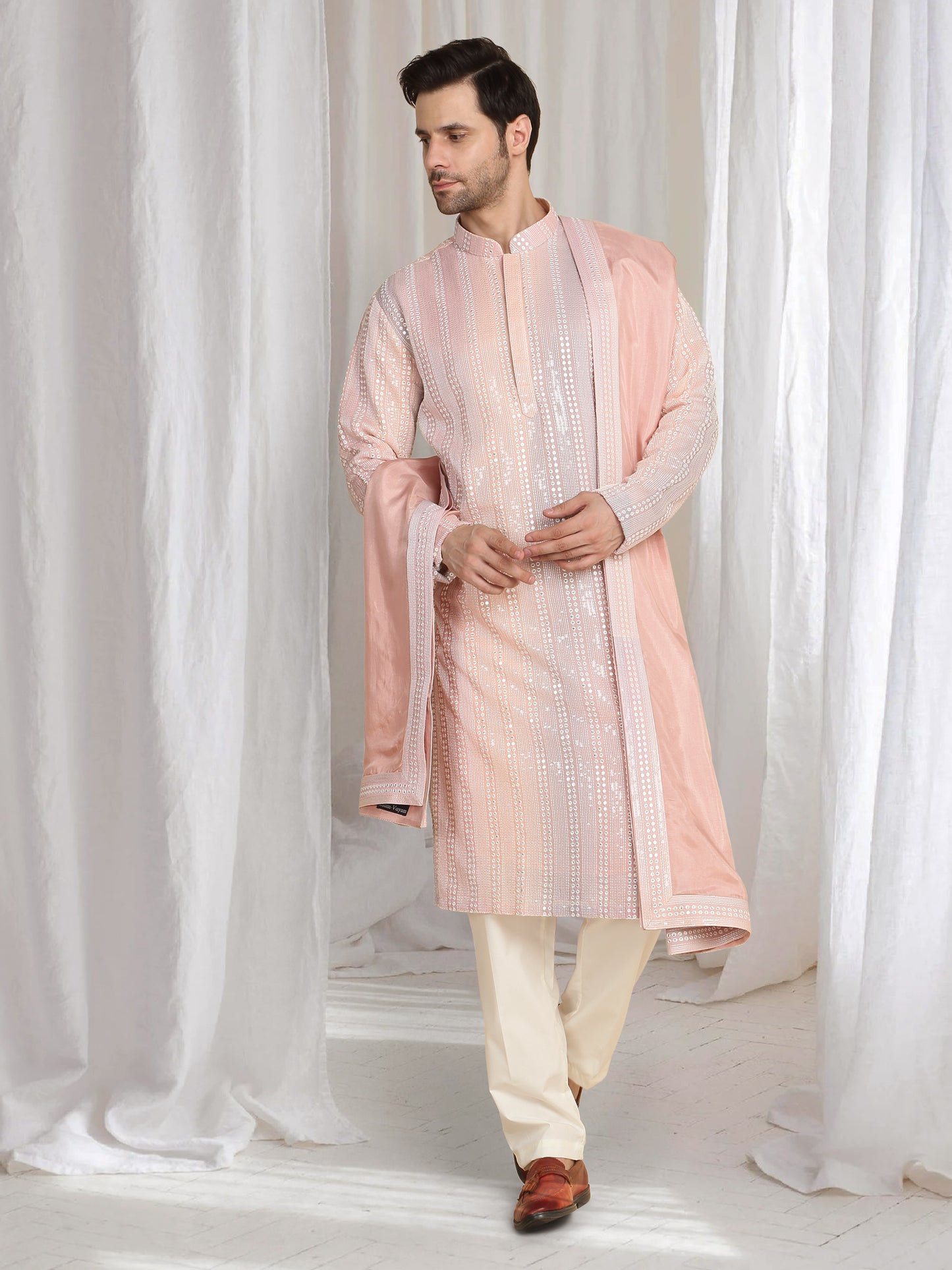 Ambar Ombre Embroidered Kurta Dupatta Set - Pastel Coral