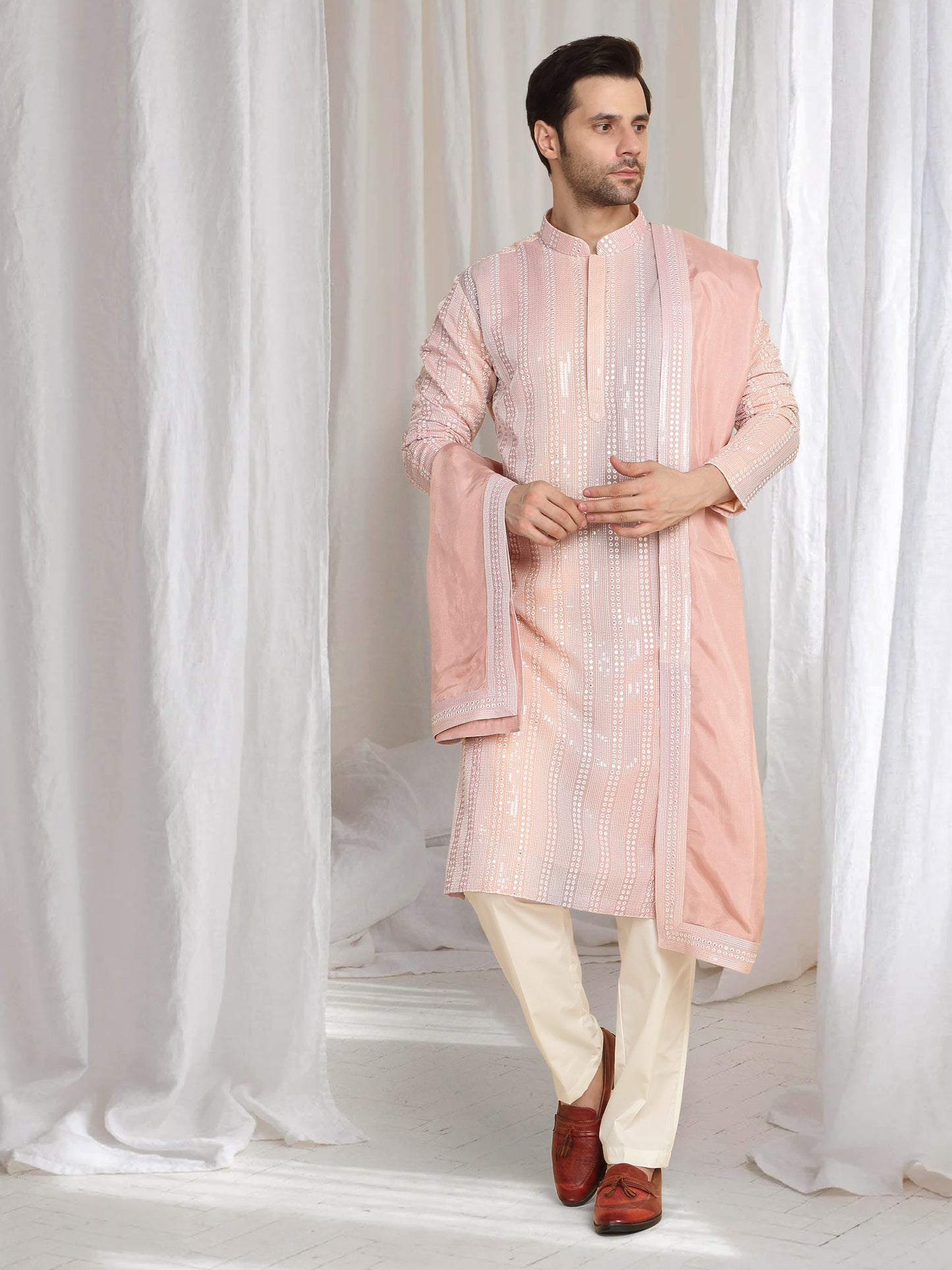 Ambar Ombre Embroidered Kurta Dupatta Set - Pastel Coral