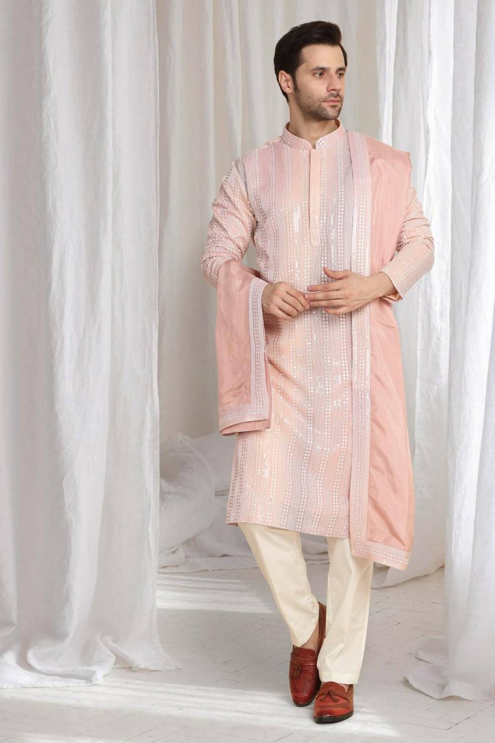 Ambar Ombre Embroidered Kurta Dupatta Set - Pastel Coral