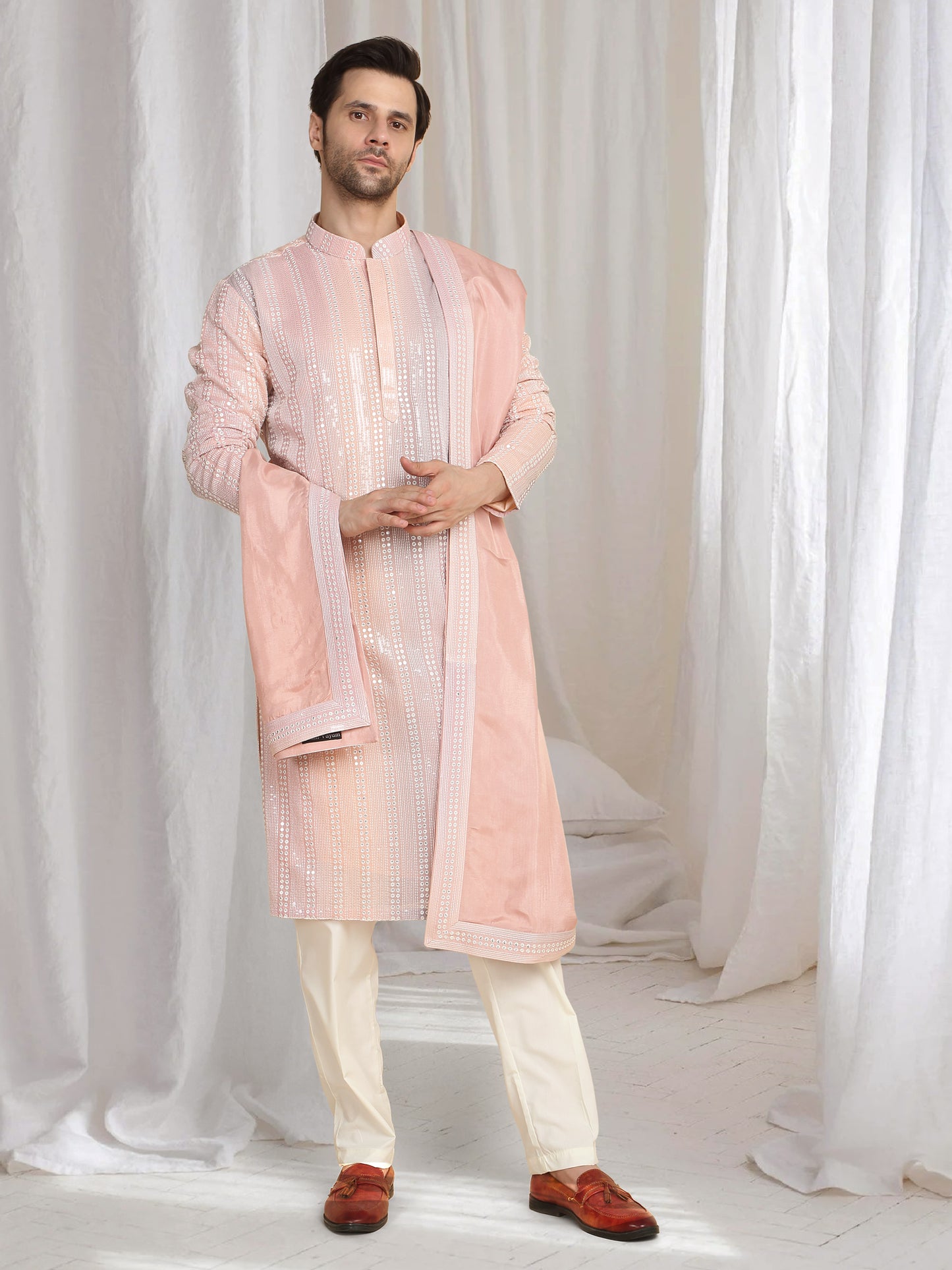 Ambar Ombre Embroidered Kurta Dupatta Set - Pastel Coral