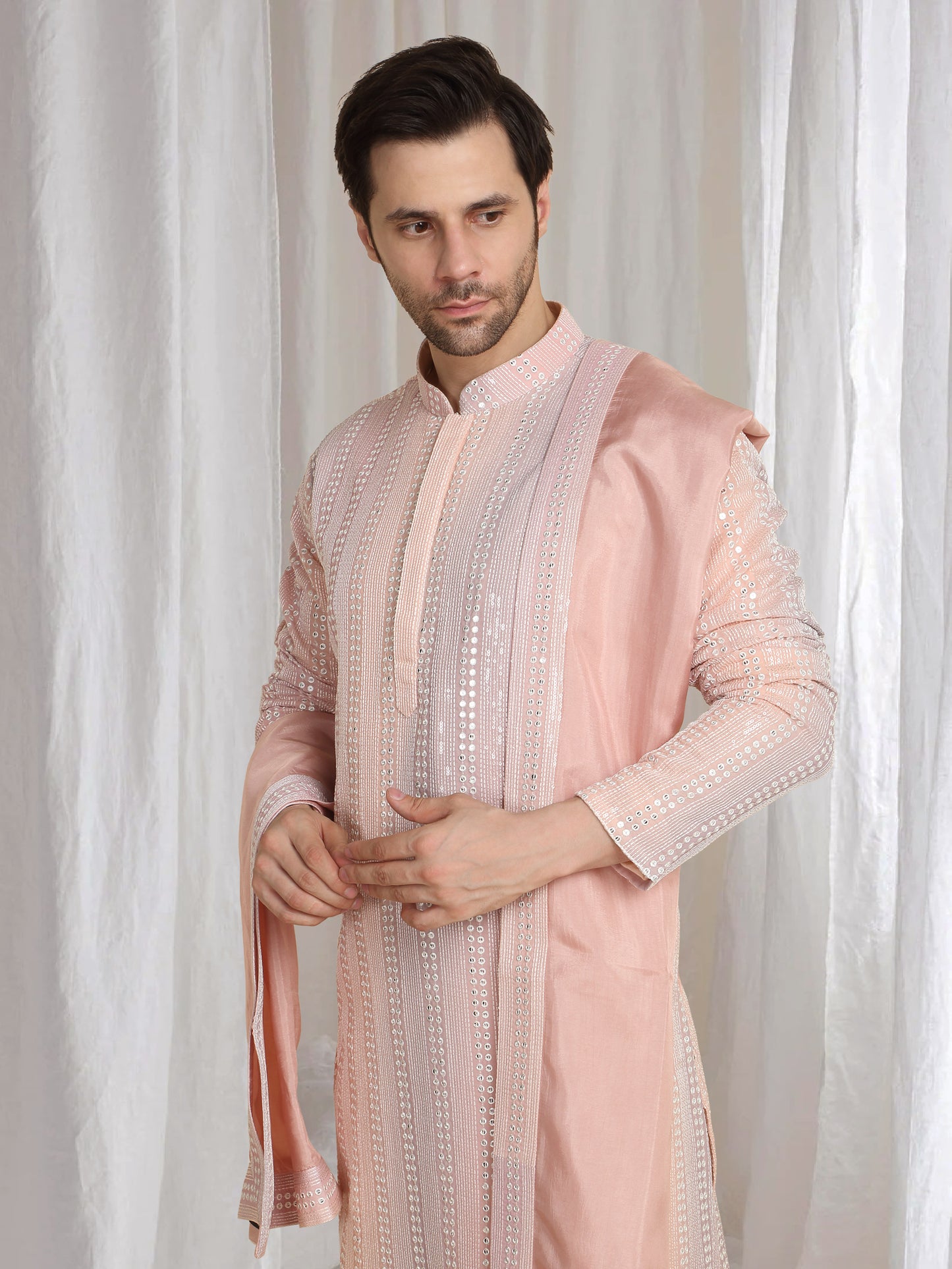 Ambar Ombre Embroidered Kurta Dupatta Set - Pastel Coral