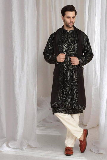Asuka Black Cotton Embroidery Geometric Thread Kurta set