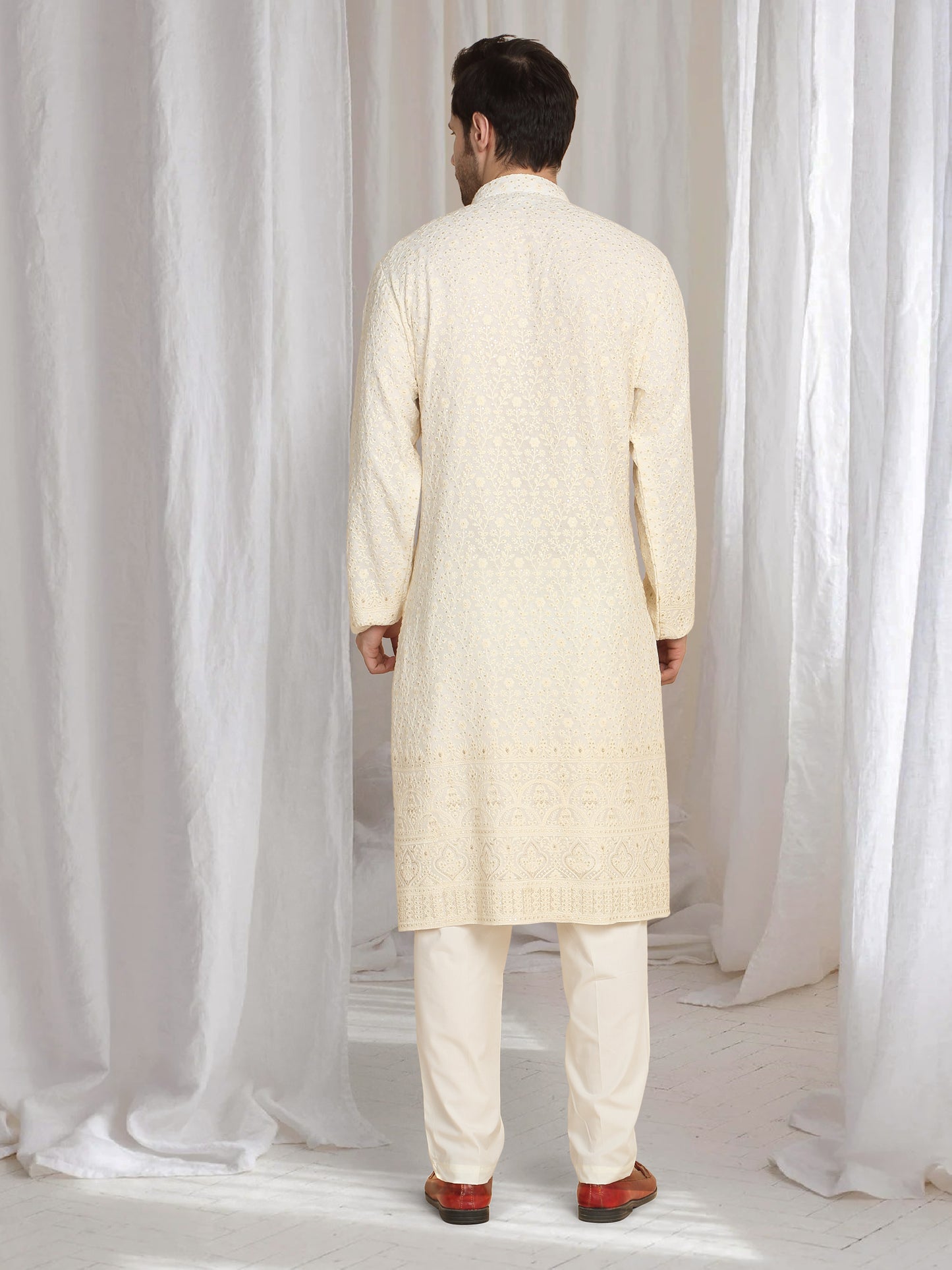 Mehfil Cotton Embroidery Thread Kurta And Dupatta Set - Cream
