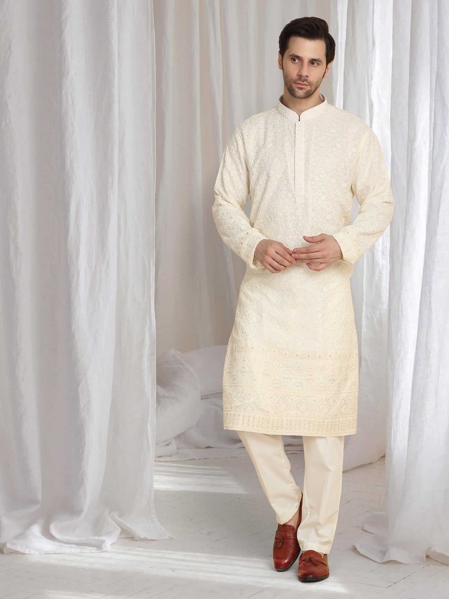 Mehfil Cotton Embroidery Thread Kurta And Dupatta Set - Cream