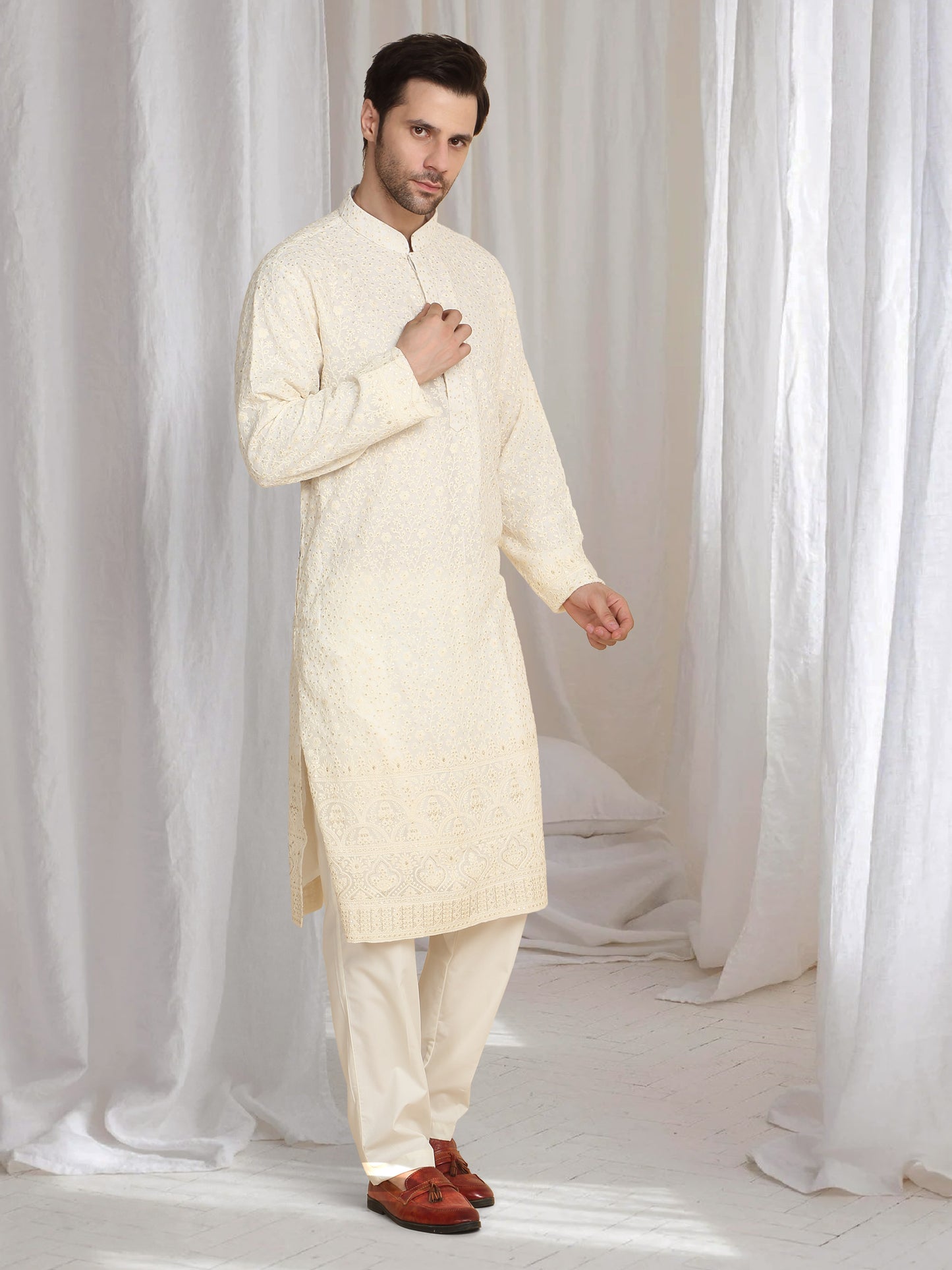 Mehfil Cotton Embroidery Thread Kurta And Dupatta Set - Cream