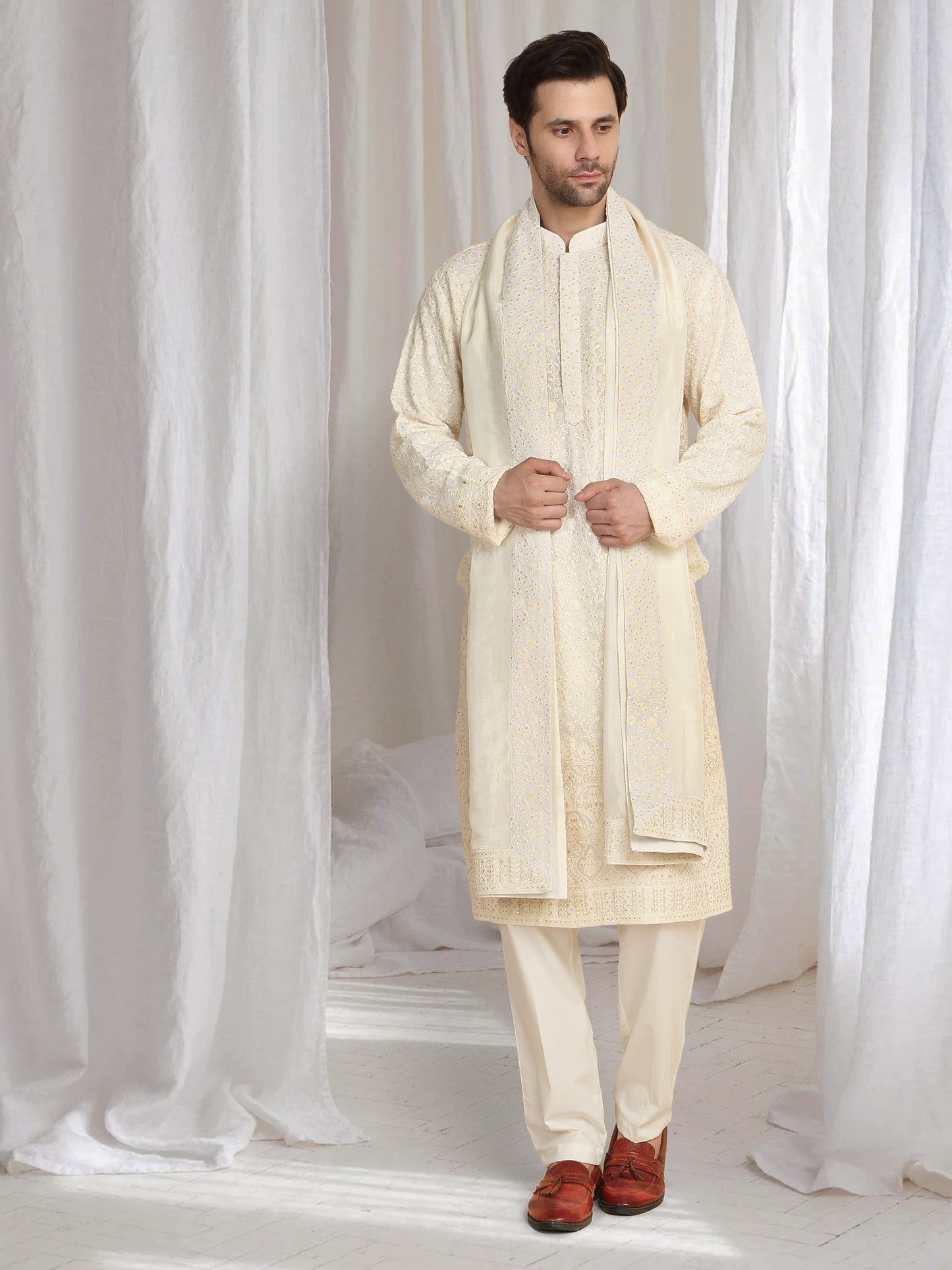 Mehfil Cotton Embroidery Thread Kurta And Dupatta Set - Cream