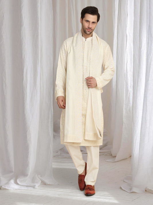 Mehfil Cotton Embroidery Thread Kurta And Dupatta Set - Cream
