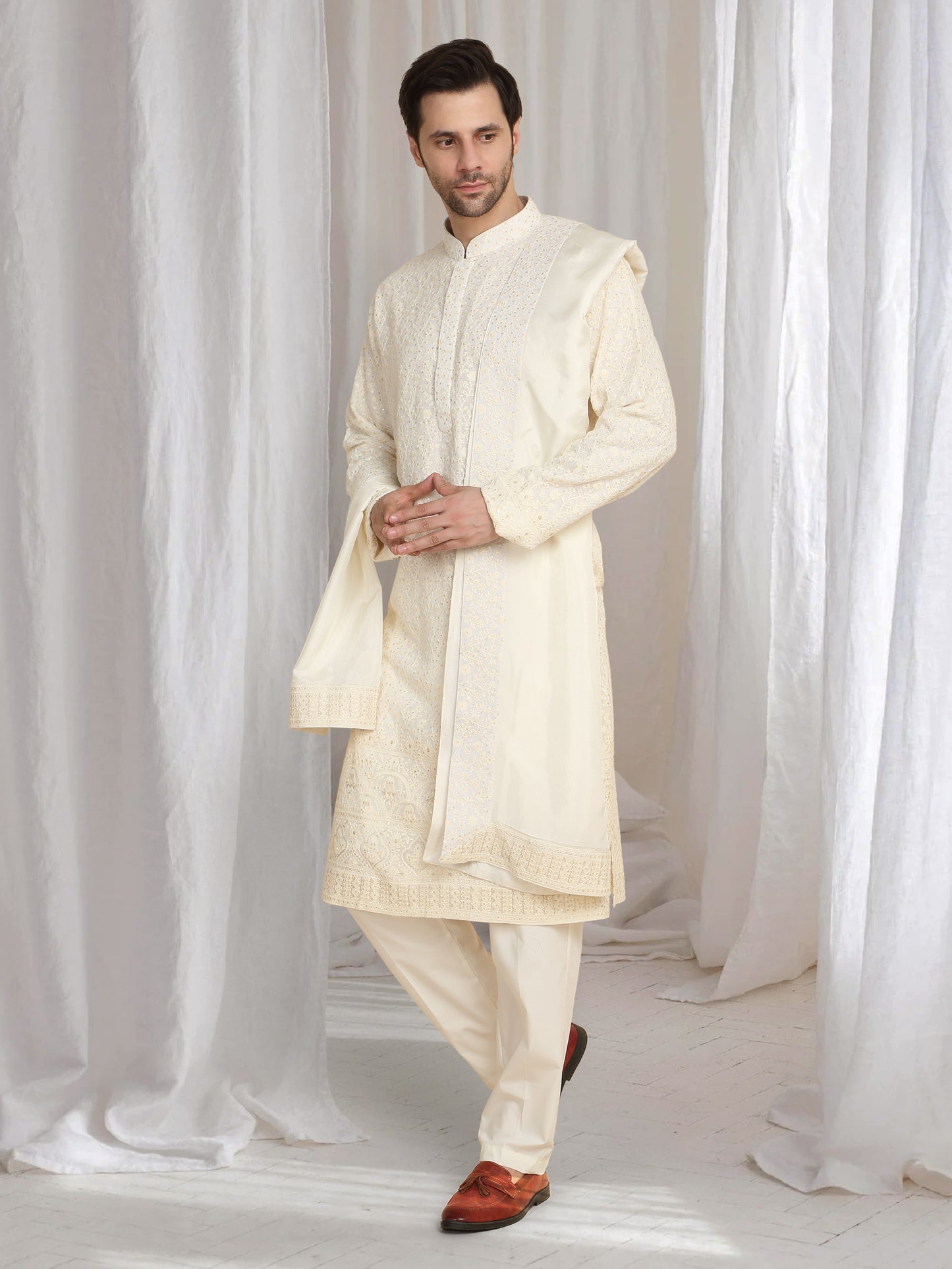 Mehfil Cotton Embroidery Thread Kurta And Dupatta Set - Cream