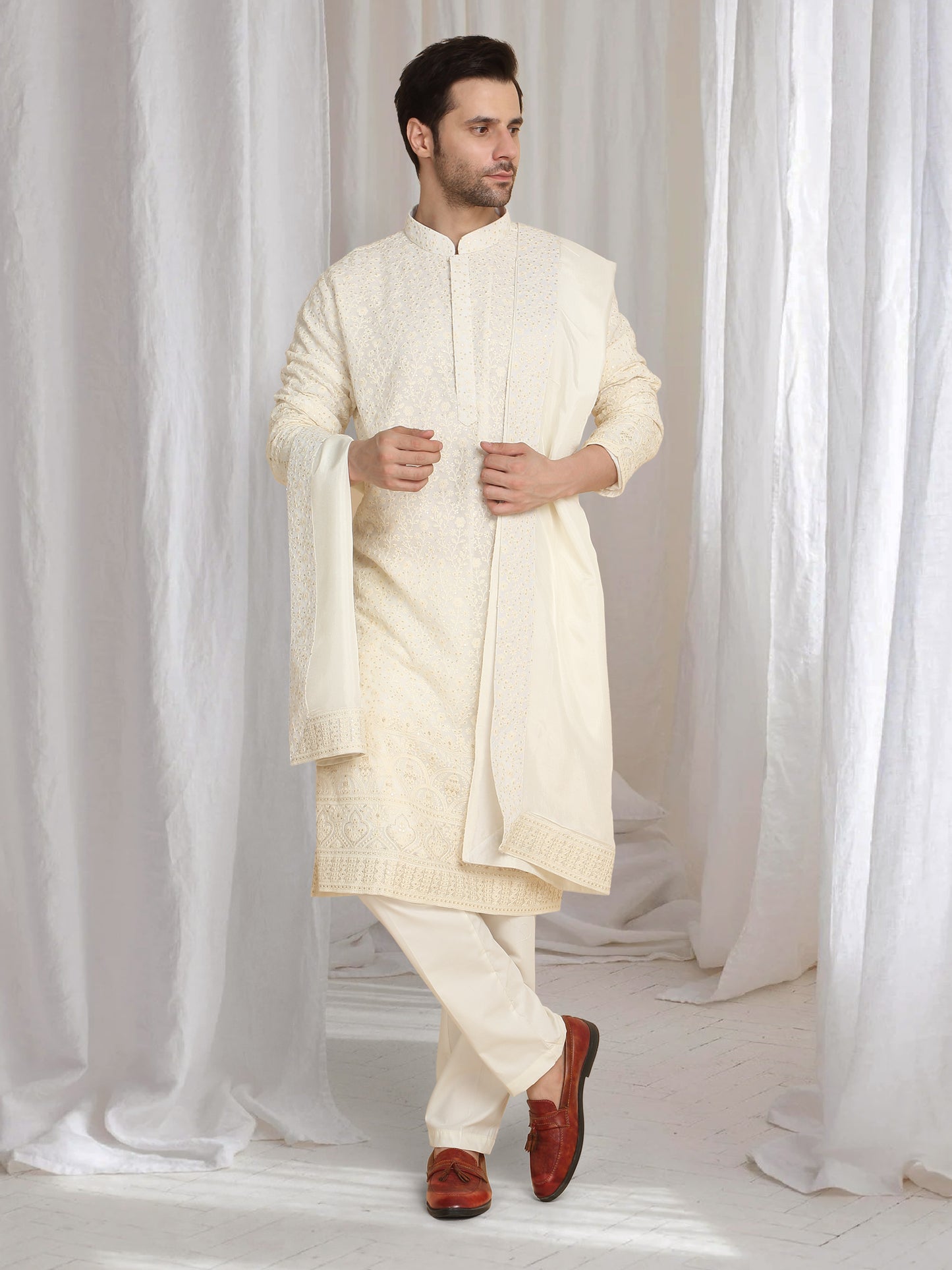 Mehfil Cotton Embroidery Thread Kurta And Dupatta Set - Cream