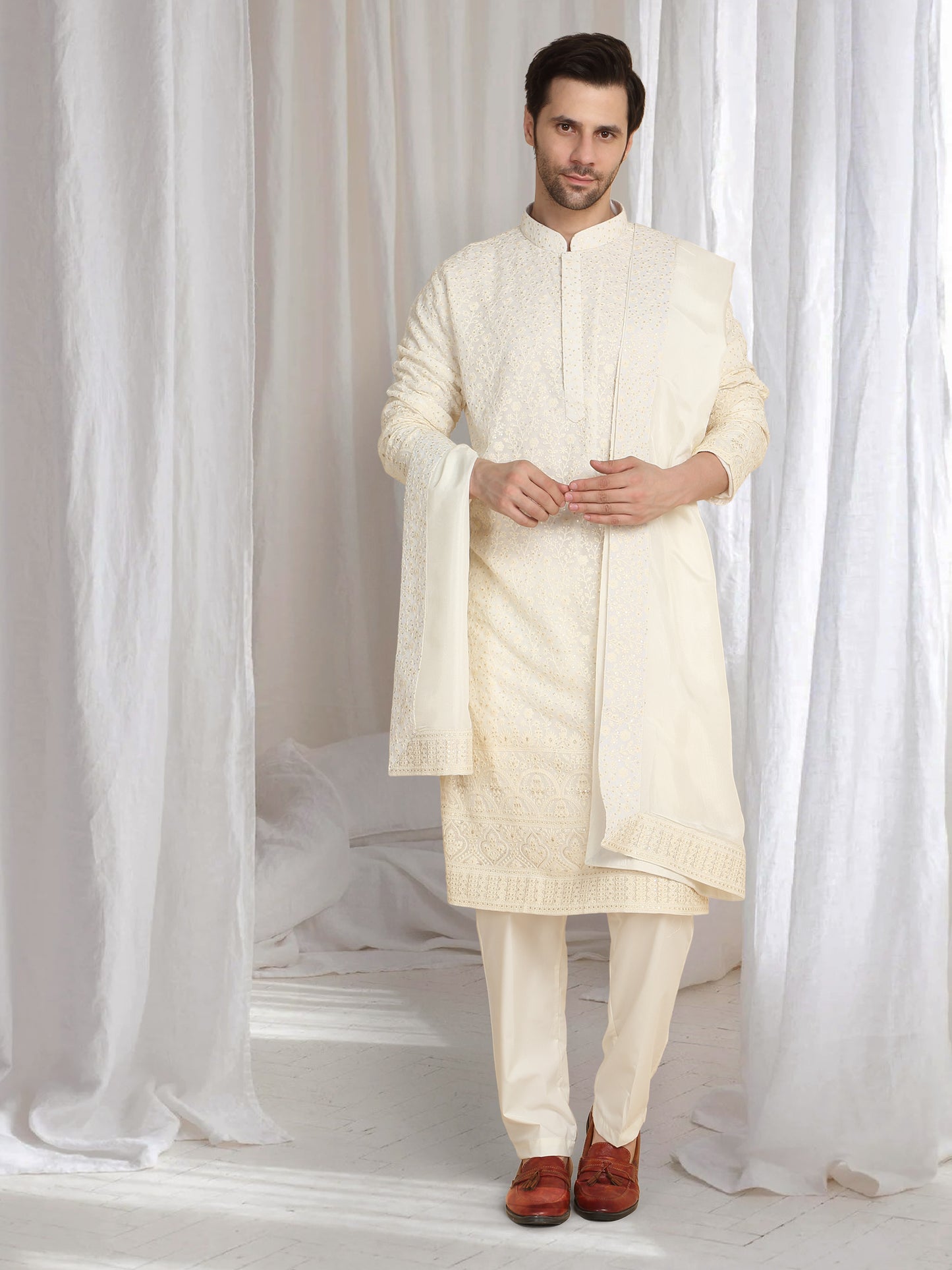 Mehfil Cotton Embroidery Thread Kurta And Dupatta Set - Cream