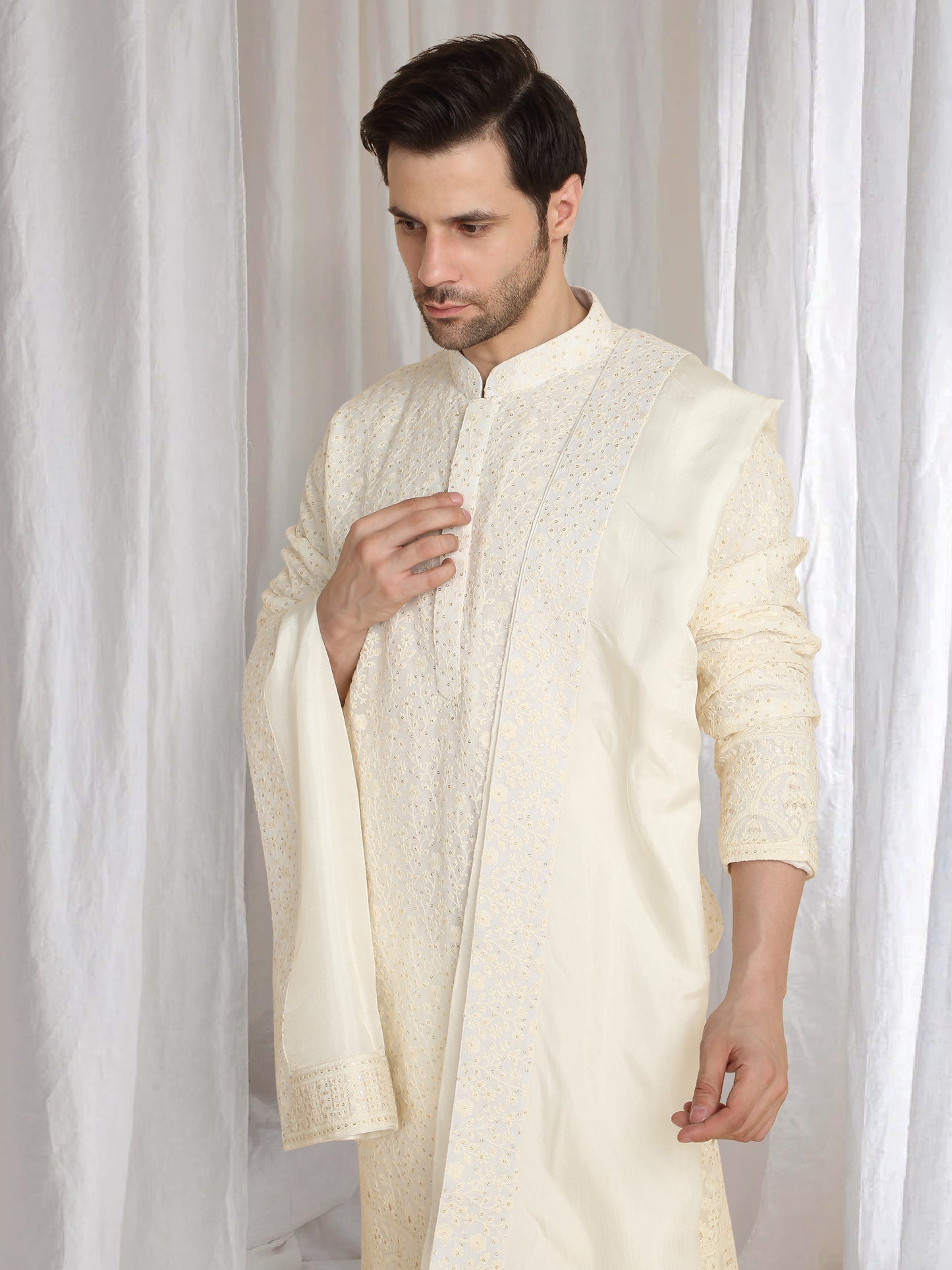 Mehfil Cotton Embroidery Thread Kurta And Dupatta Set - Cream