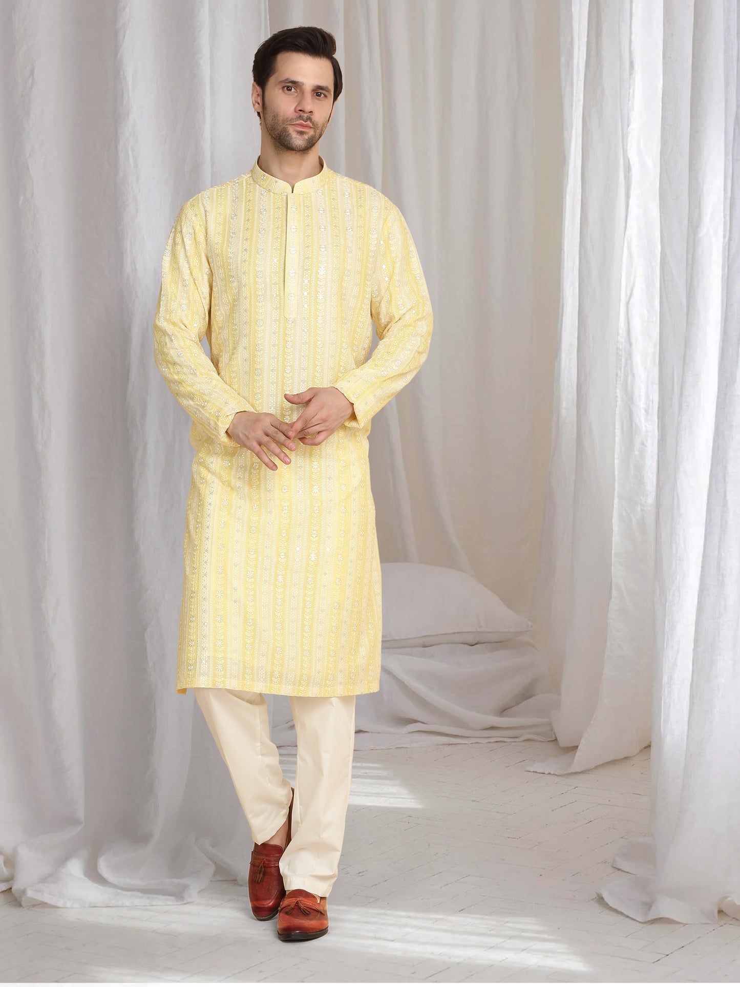 Prafull Yellow Cotton Embroidery Pastel Kurta Set