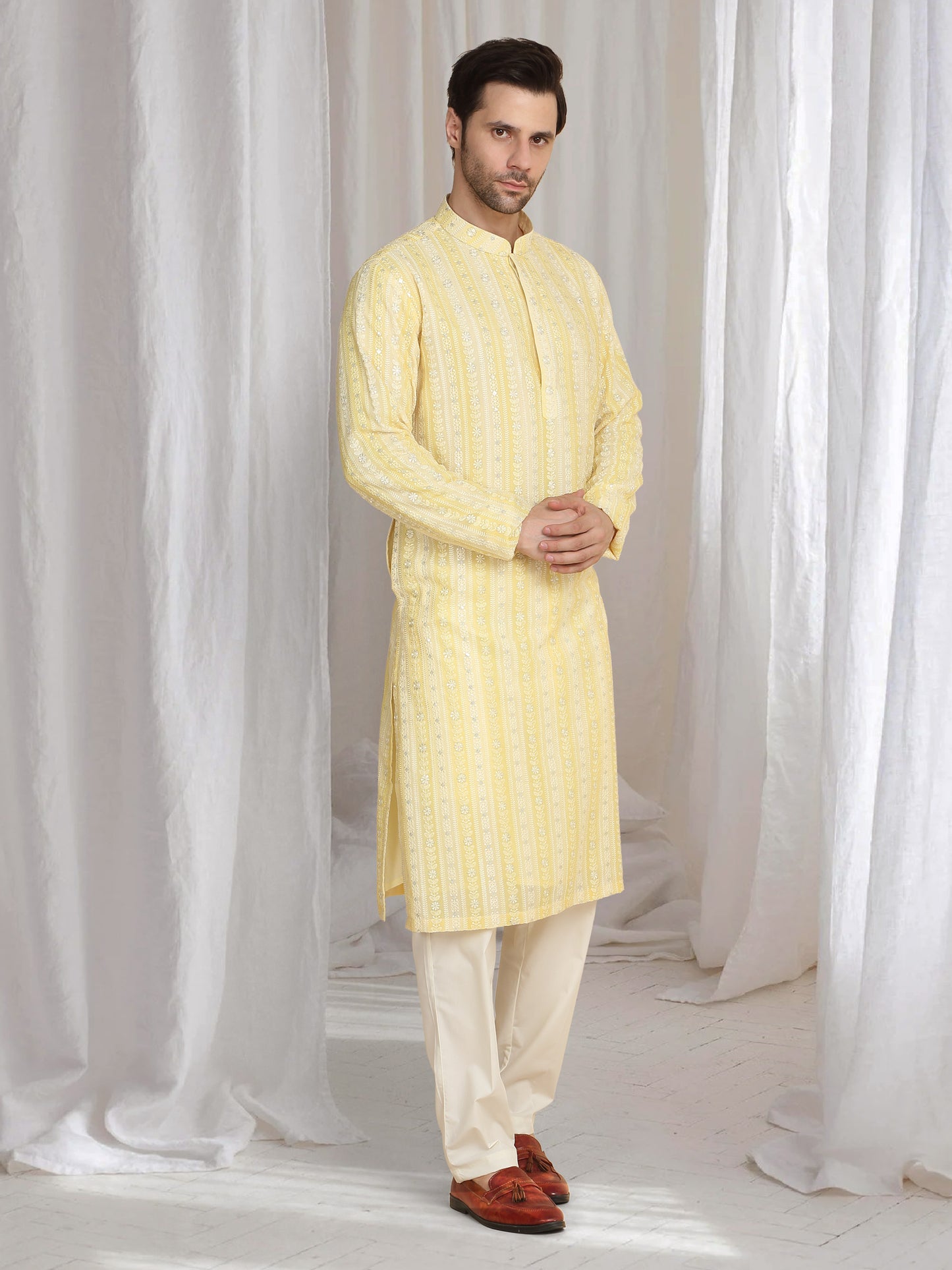Prafull Yellow Cotton Embroidery Pastel Kurta Set