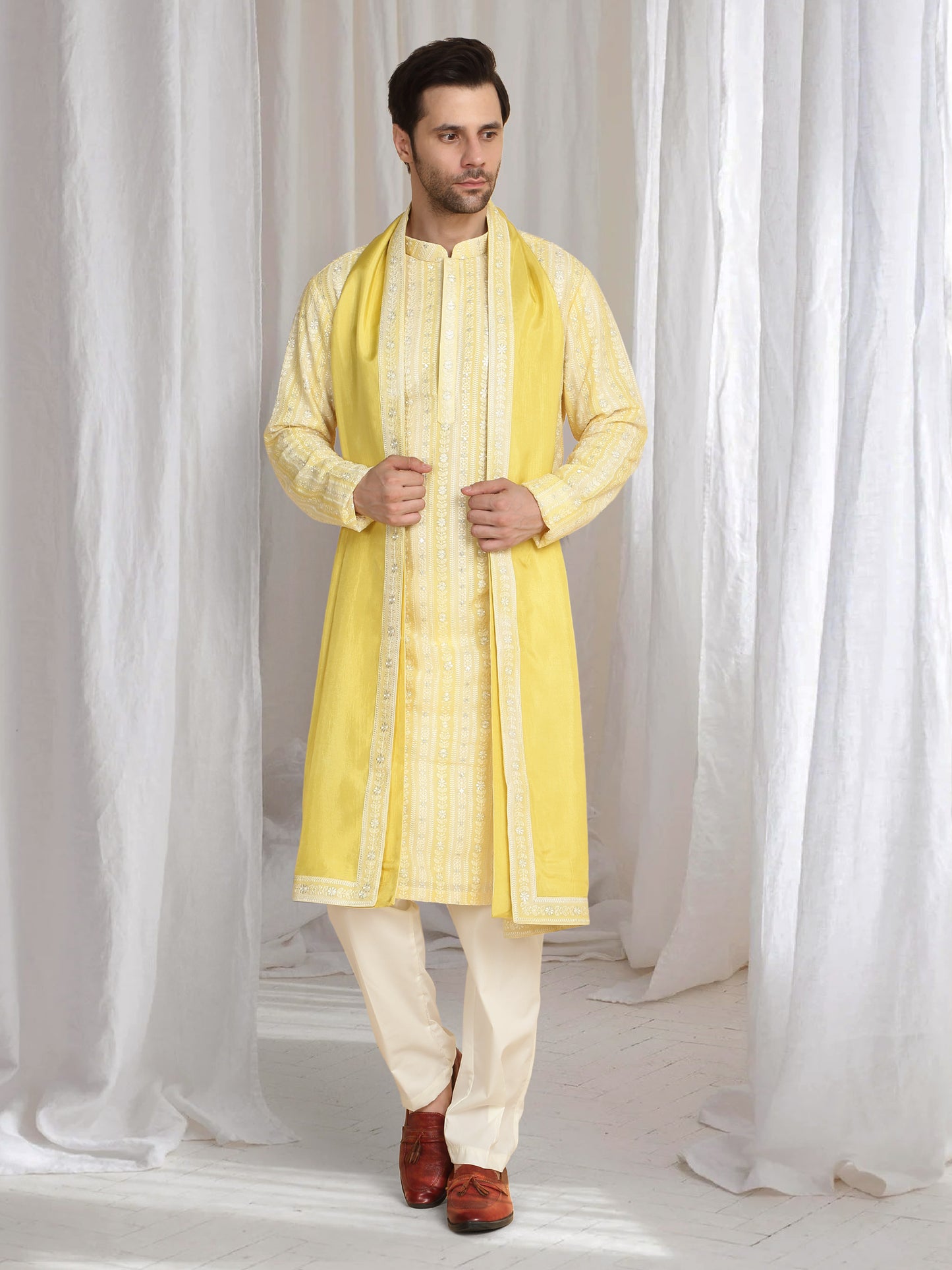 Prafull Yellow Cotton Embroidery Pastel Kurta Set