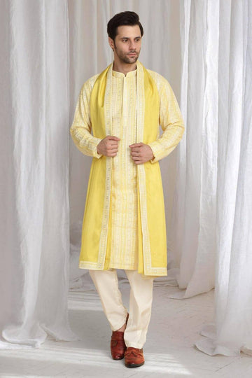 Prafull Yellow Cotton Embroidery Pastel Kurta Set
