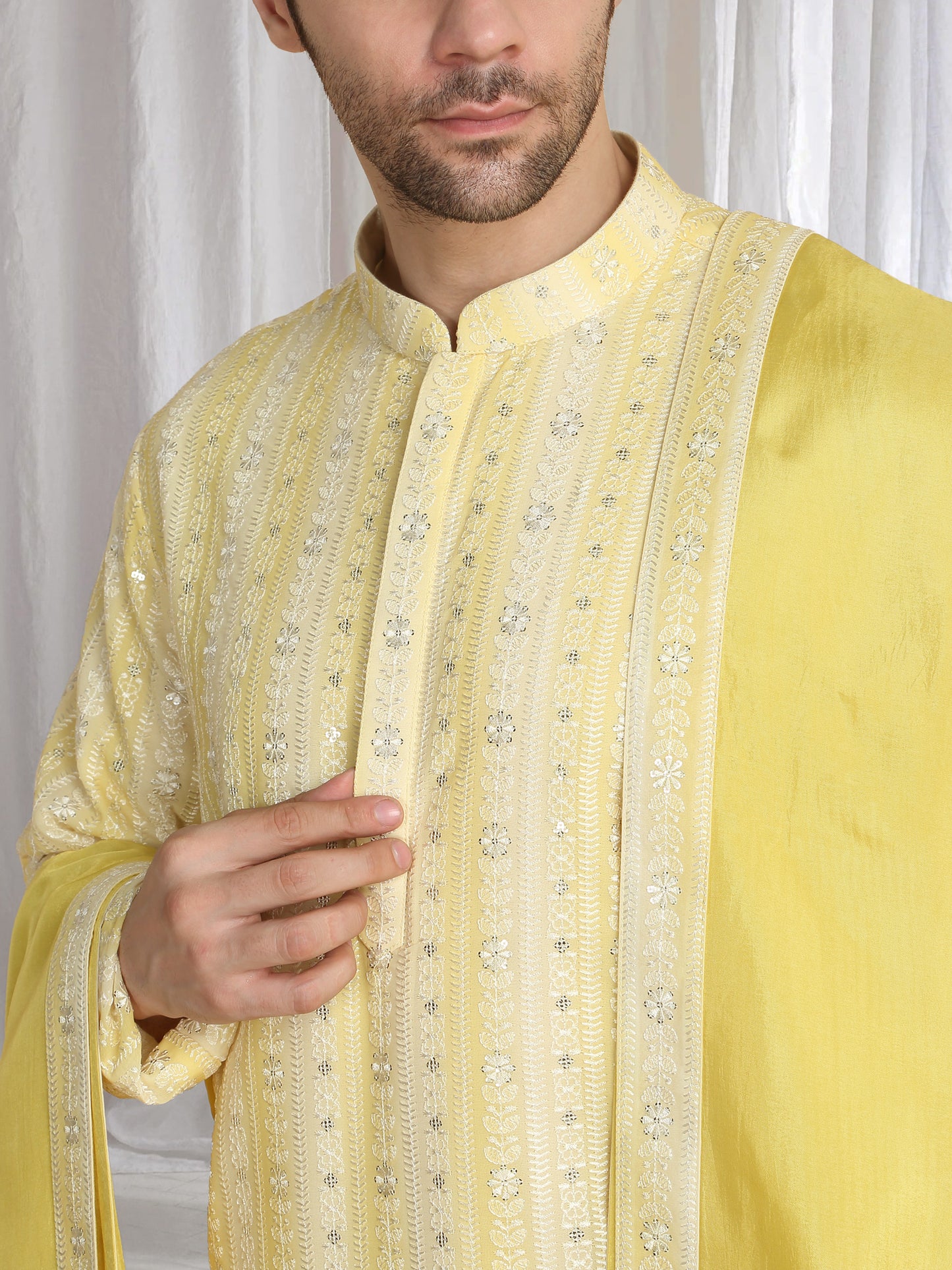 Prafull Yellow Cotton Embroidery Pastel Kurta Set