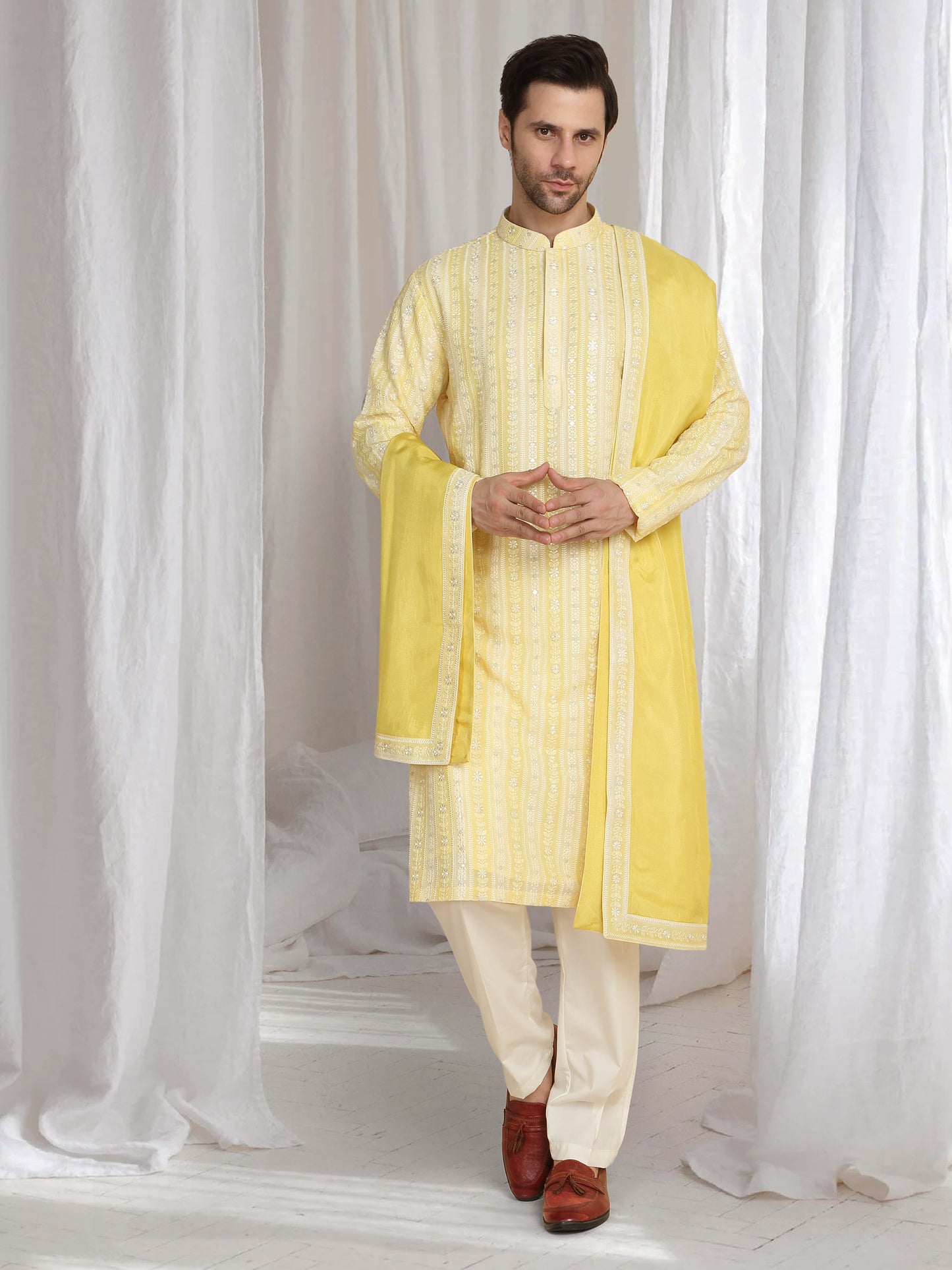 Prafull Yellow Cotton Embroidery Pastel Kurta Set