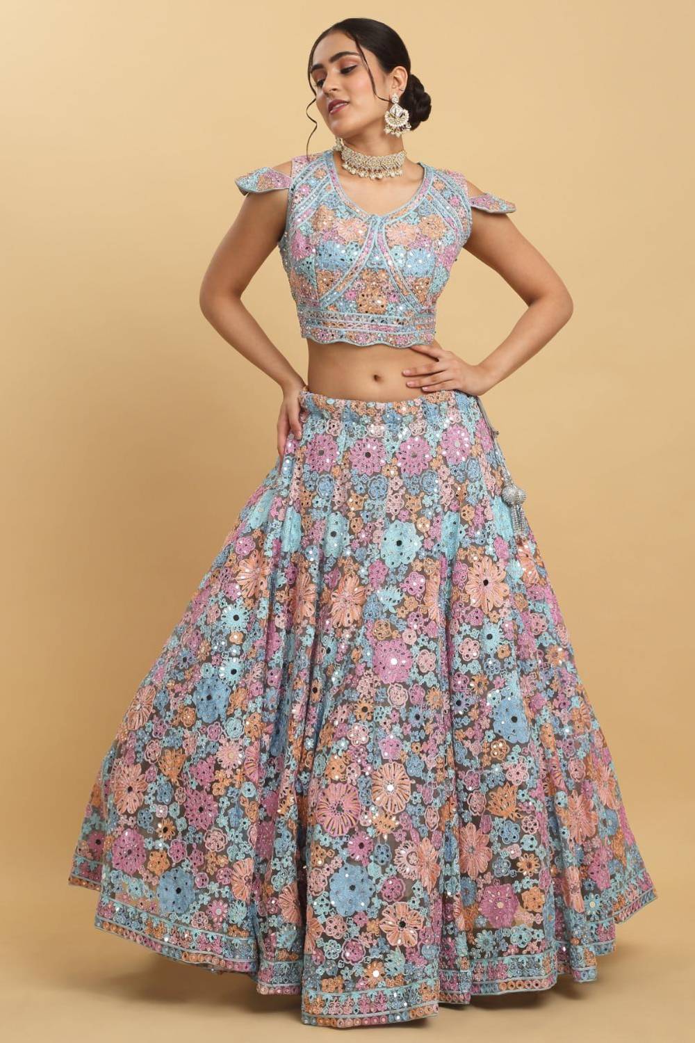 Bahaara  Thread And Mirror Embroidered Layered Lehenga Set